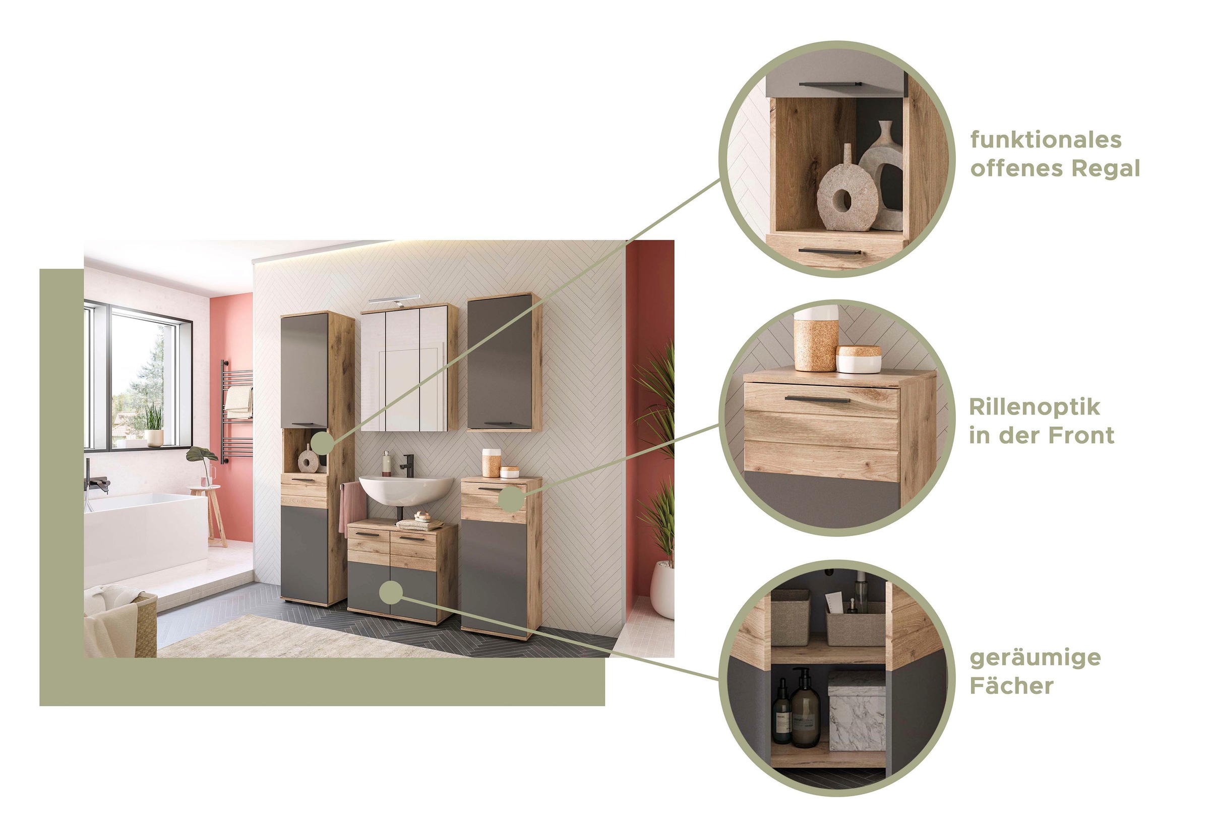 INOSIGN Badmöbel-Set »Riga, 5 teilig, bestehend aus:«, (Set, 5 St.), Hochschrank, WBU, Spiegel, Unterschrank, Hängeschrank