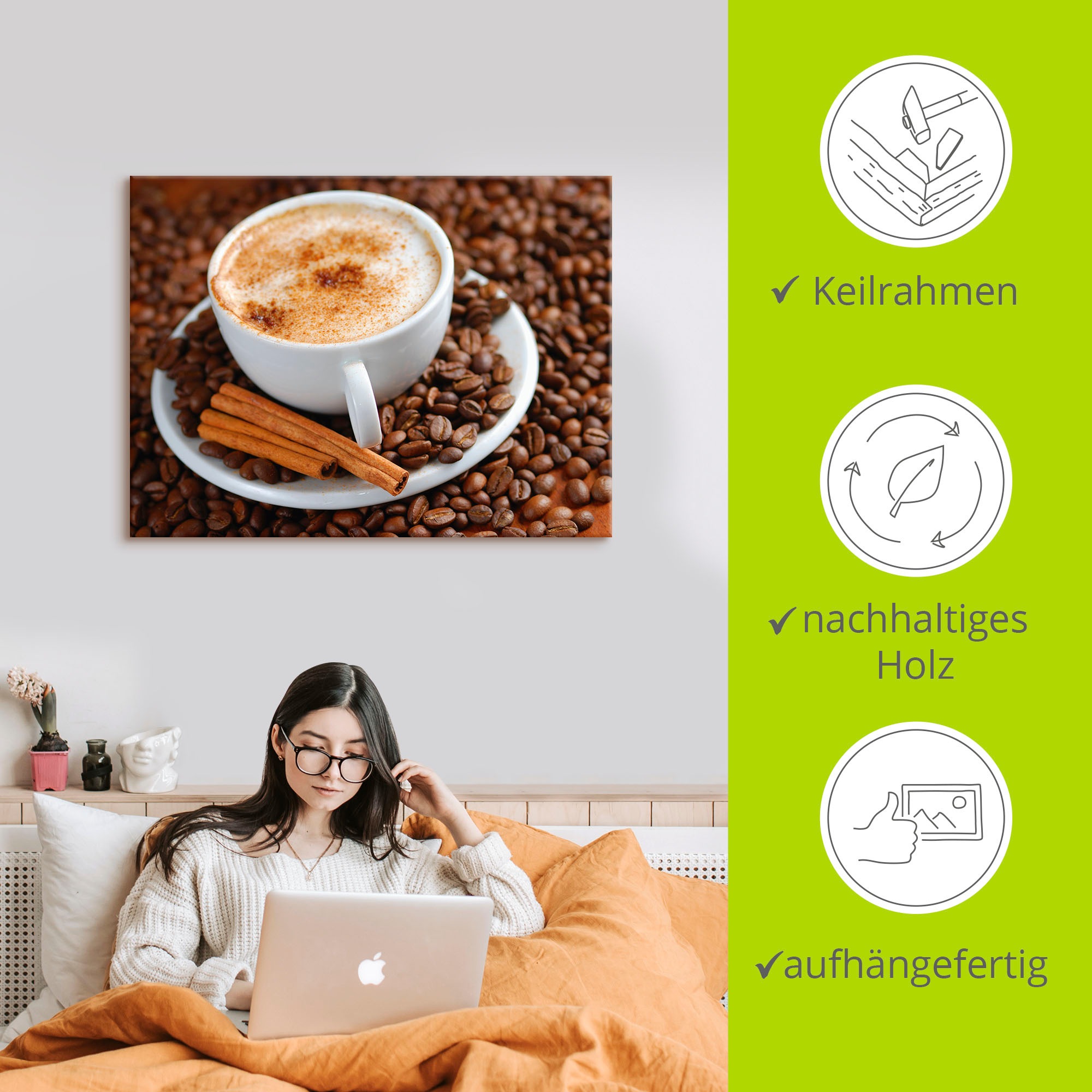 Artland Tableau sur toile »Cappuccino - Kaffee« 1 cuis tlg. auf Holzrahmen gespannt