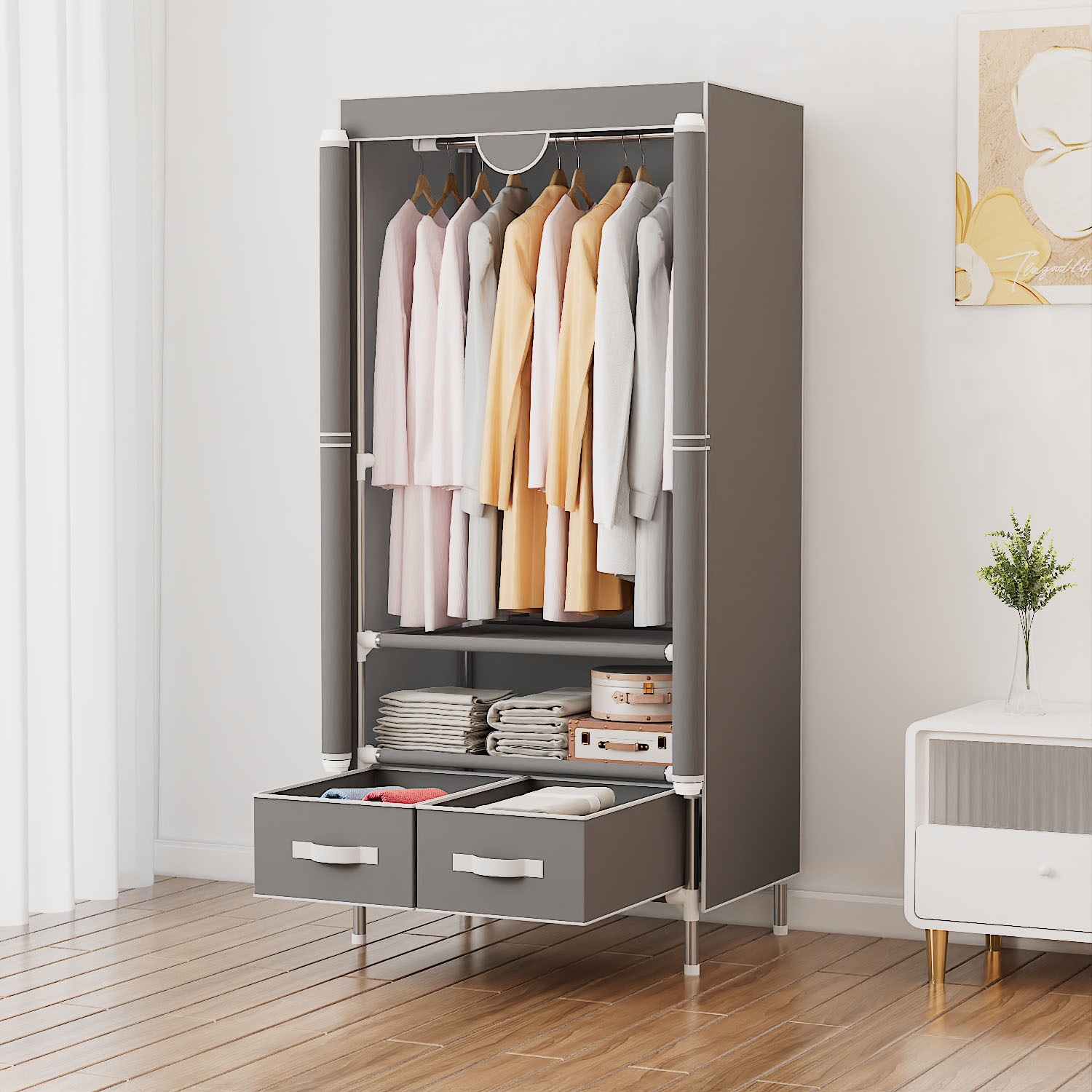 INOSIGN Kleiderschrank »Stockholm Stoffkleiderschrank Bestseller in diversen Ausführungen«, (Stabile Konstruktion mit Schubladen in vielen Breiten erhältlich), Schlafzimmer Garderobe Schrank Stoffkleiderschrank mit viel Stauraum