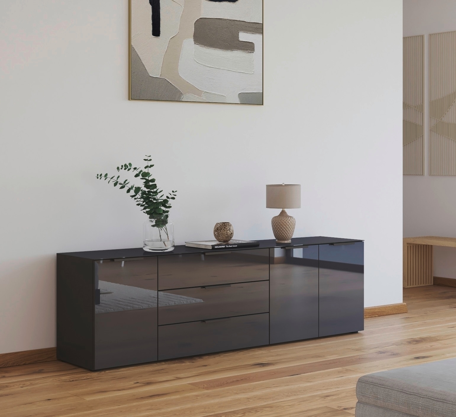 rauch Commode combinée »Kommode Türkommode Sideboard Kombikommode FLIPP mit Glasfront« Largeur 200 cm avec 2 étagères,  3 portes, 3 tiroirs, fonction soft-close, plateau supérieur et façade en verre