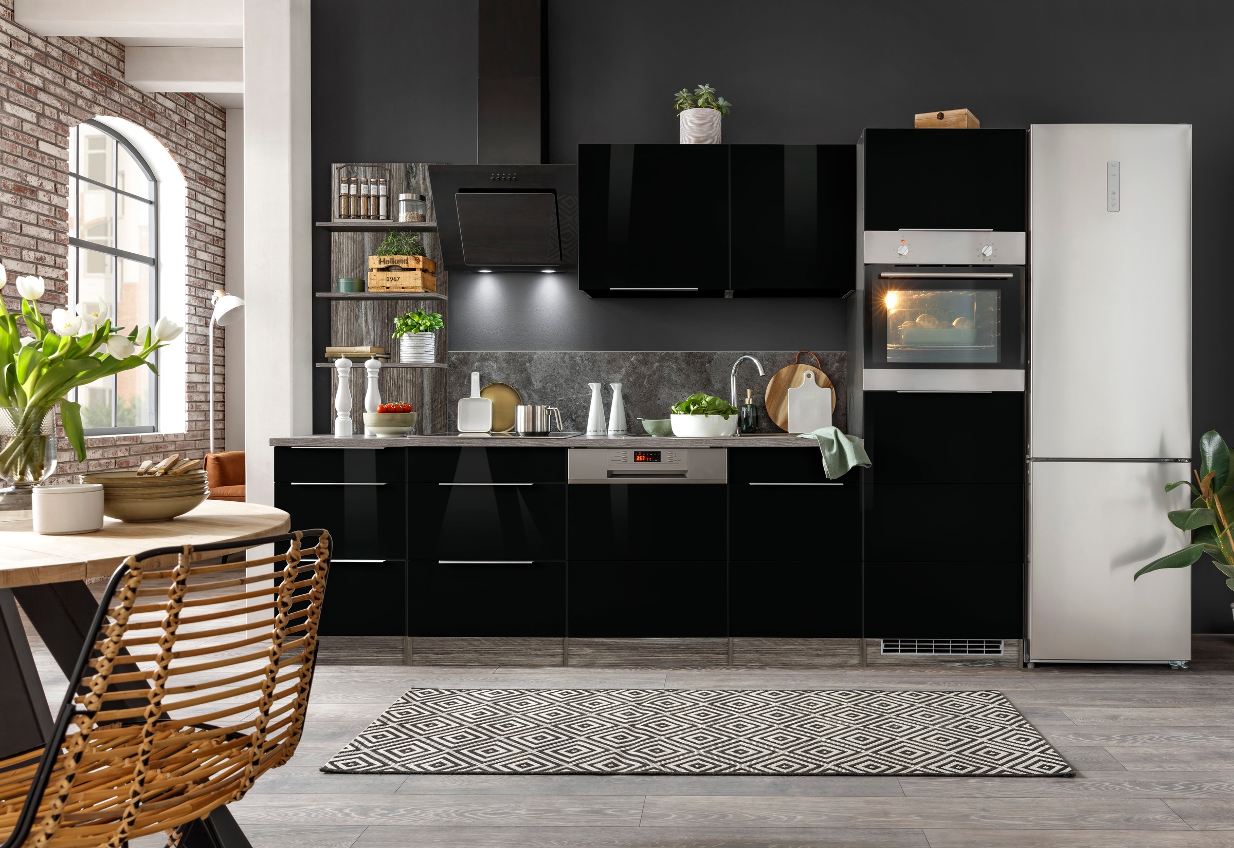 KOCHSTATION Küchenzeile "KS-Brindisi Breite 280 cm" wahlweise mit E-Geräten und Induktion, mit MDF-Fronten und Regal