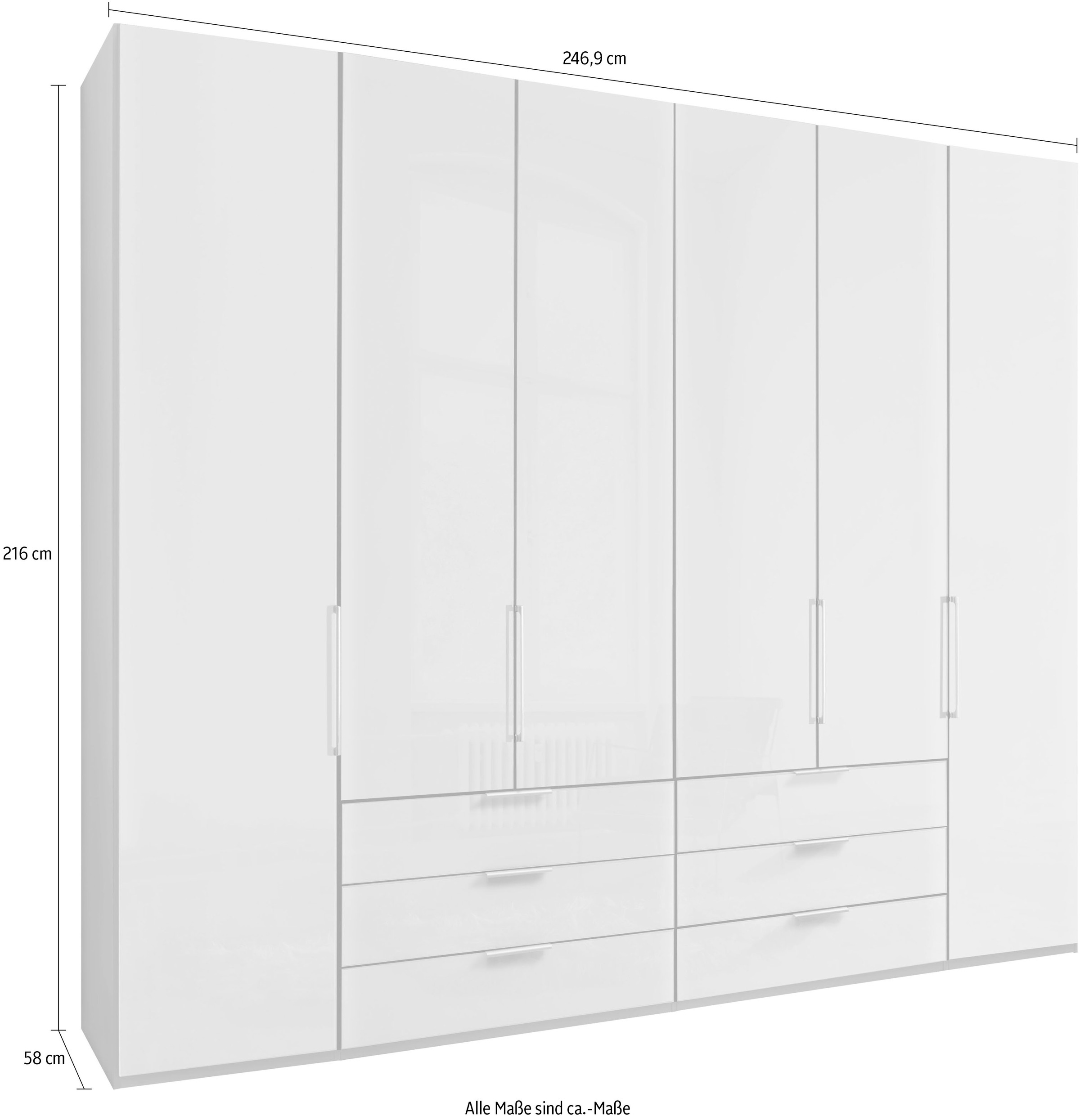 WIEMANN Falttürenschrank »Monaco, Kleiderschrank, Schrank, Wäscheschrank, mit edler Glasfront«, (2 Breiten, 2 Höhen 216/236 cm auswählbar, MADE IN GERMANY), inkl. gepämpften Schubkästen und Türen, mit Panoramaöffnung