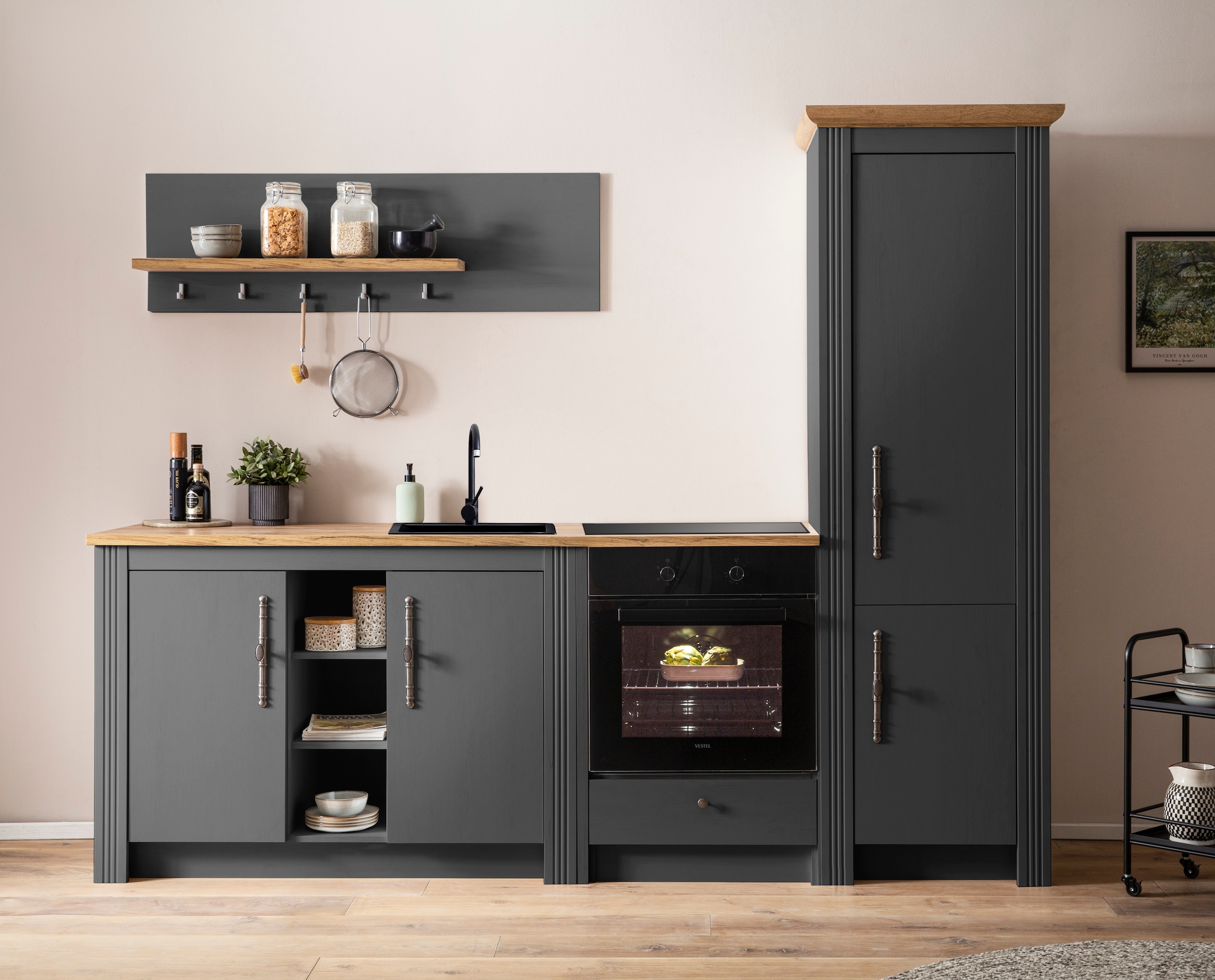 GOODproduct Küchenzeile »KS-Westminster, Pantryküche im Landhaus Stil, hochwertige Metallgriffe« Set,  Breite 257 cm, Kommode, Wandpaneel, Stauraumschrank, Herdumbau