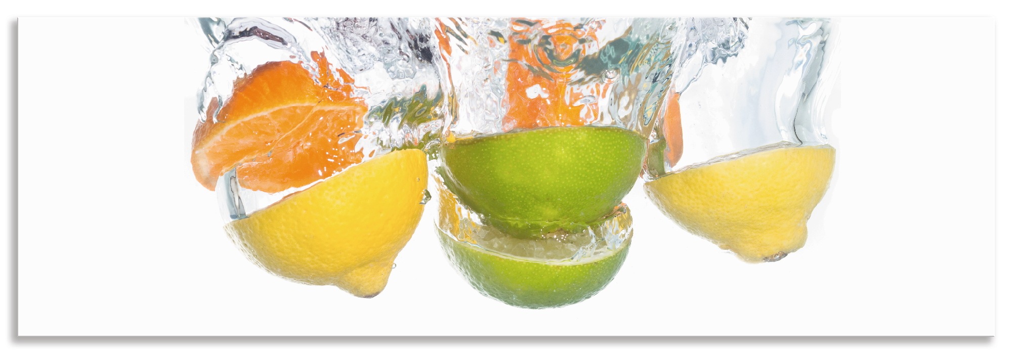 Image of Artland Küchenrückwand »Zitrusfrüchte fallen in klares Wasser«, (1 tlg.), selbstklebend in vielen Grössen - Spritzschutz Küche hinter Herd u. Spüle als Wandschutz vor Fett, Wasser u. Schmutz - Rückwand, Wandverkleidung aus Alu bei Ackermann Versand Schwei