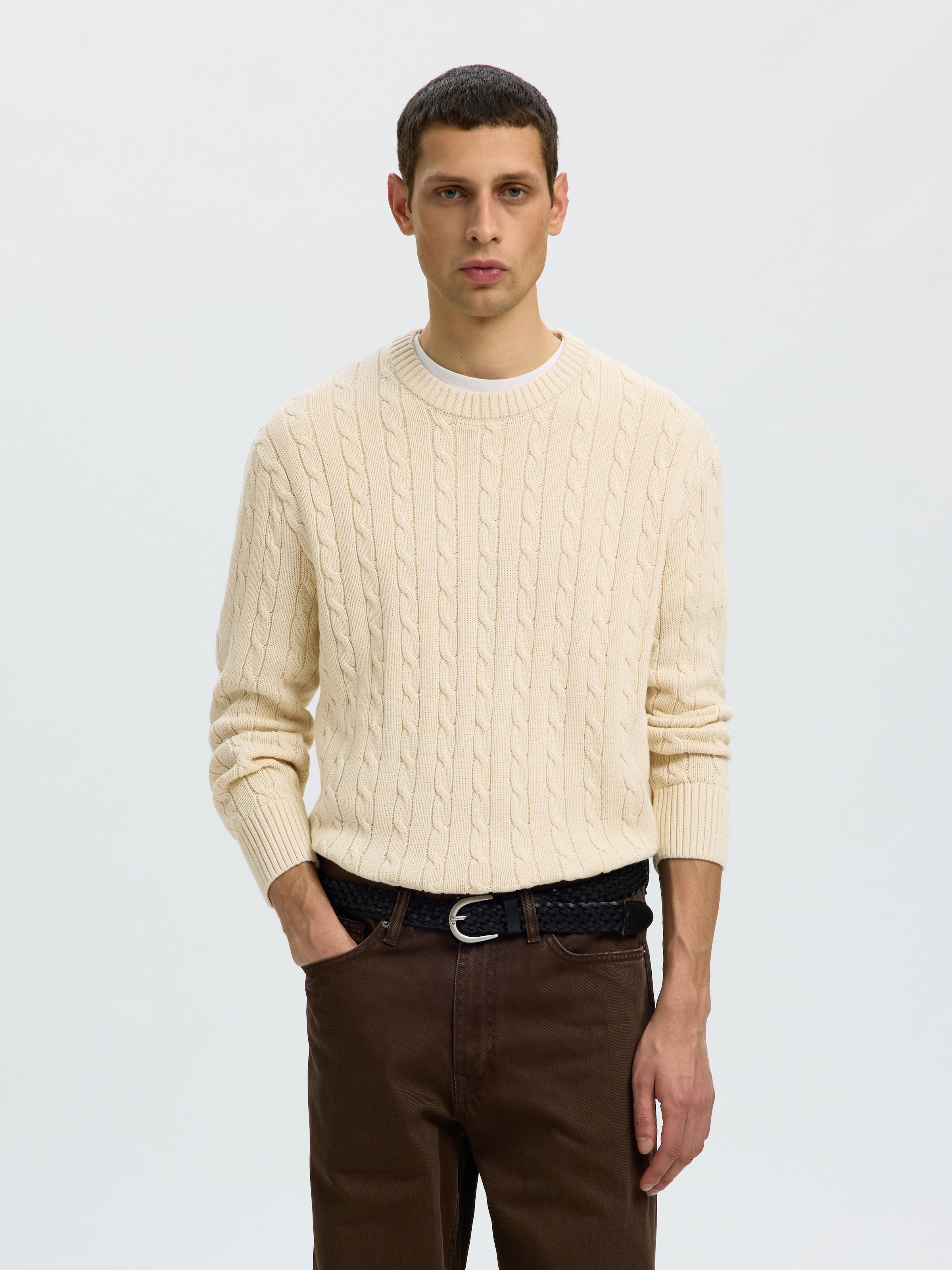 Image of SELECTED Rundhalspullover "SLMBRAUN KNIT CABLE CREW NOOS" Baumwolle, relaxed fit