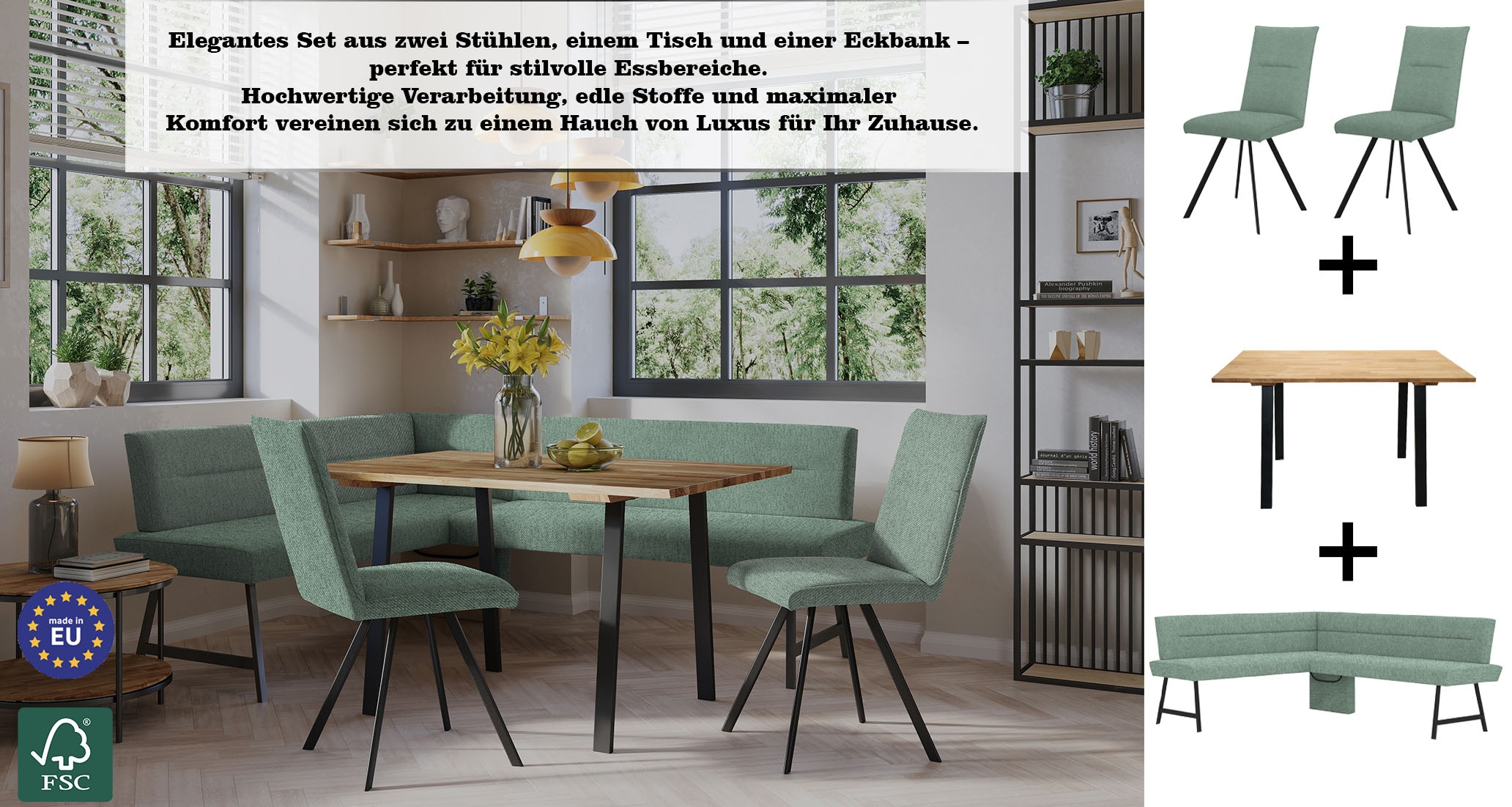 GOODproduct Ensemble de bancs d'angle »Sava« Ensemble, 4 cuis tlg. Eckbank mit Wellenfederung im Sitz, Tisch Massiv Eiche