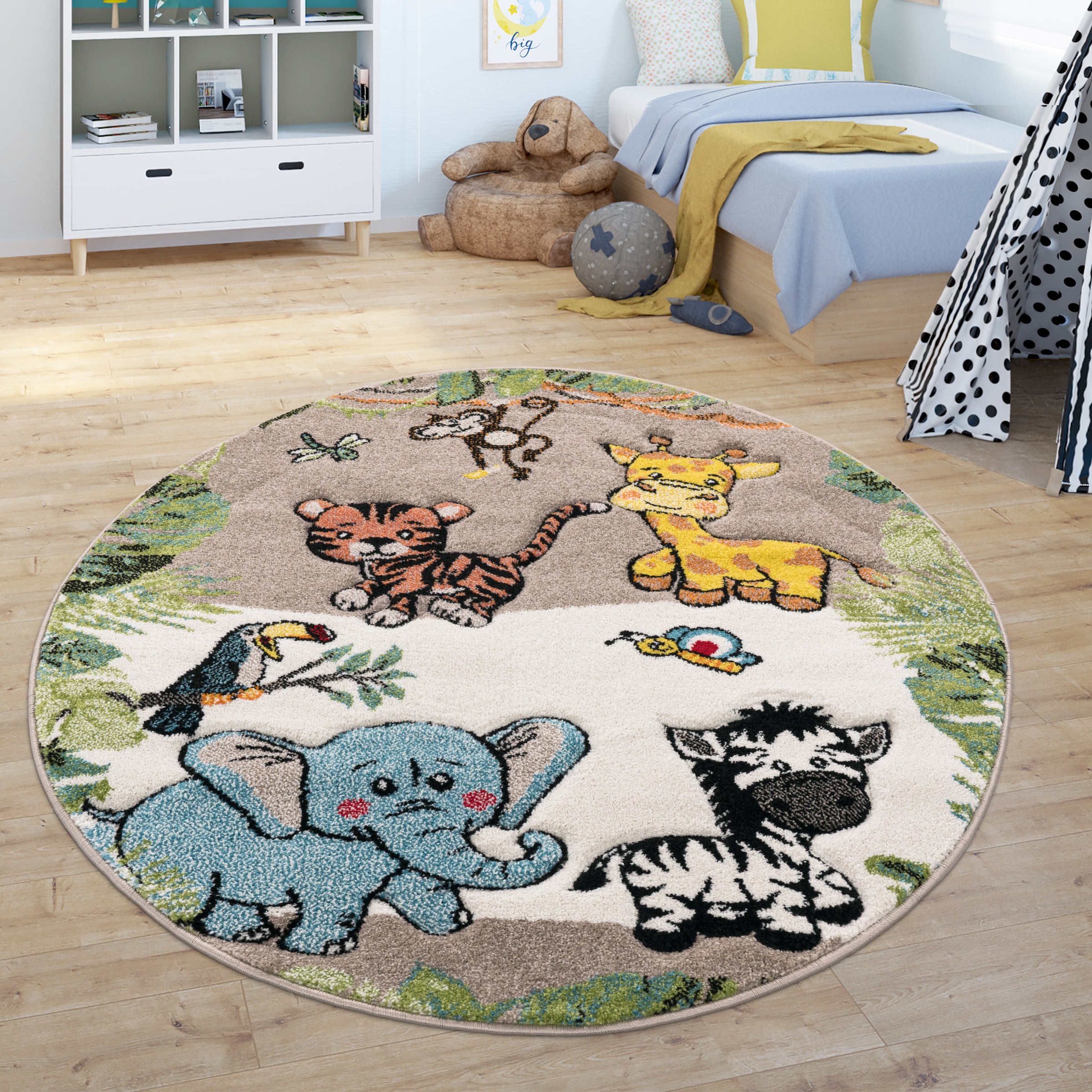 Image of Paco Home Kinderteppich "Diamond 644" rund 18 mm Höhe Kurzflor, 3D-Design, Motiv Dschungel Tiere, Kinderzimmer