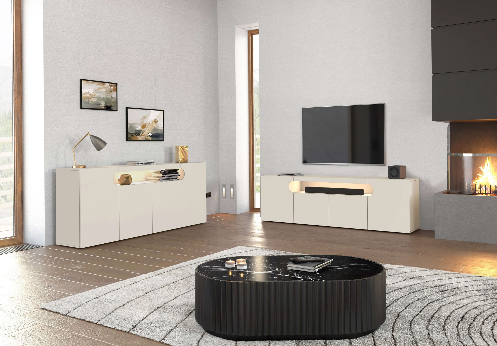 GOODproduct Table basse »REAL,Lowboard,TV-Kommode,TV-Möbel,TV-Bank« 1 cuis tlg. Avec 4 portes, dont 2 arrondies formant une niche ovale ouverte
