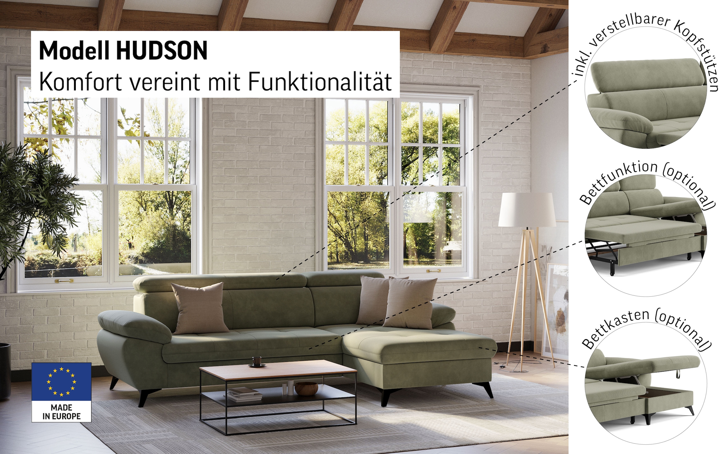 COTTA Ecksofa »Hudson L-Form«, mit Kopfteilverstellung, wahlweise mit Bettfunktion & Bettkasten