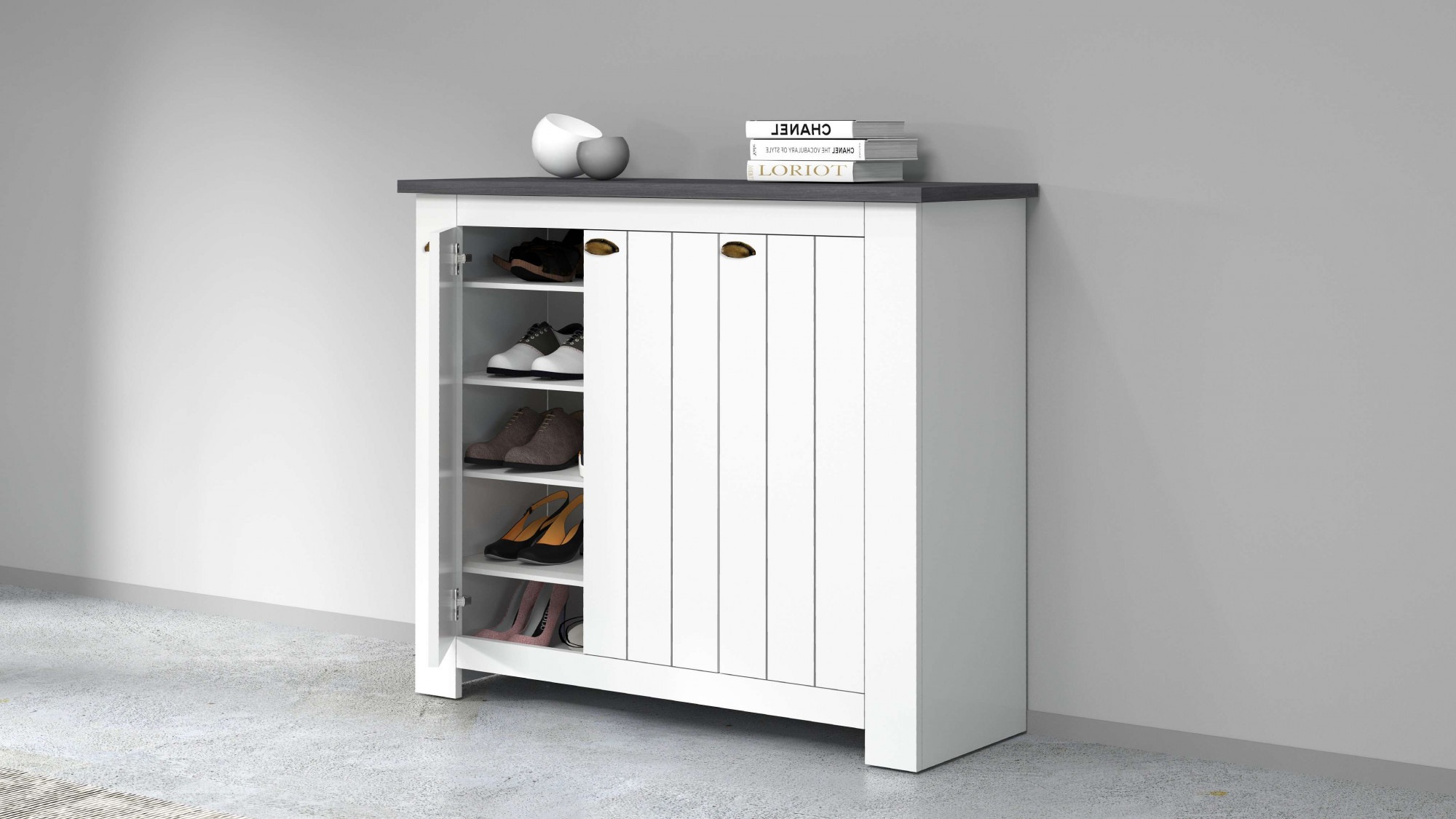 INOSIGN Schuhschrank »FIGO, Made in Italy – Schuhkommode,Schuhregal für ca. 30 Paar Schuhe«, (1 St.), 3-Türig, Siebdruck-dekorative Fräsungen, 10 Fächer, Höhe: 100 cm