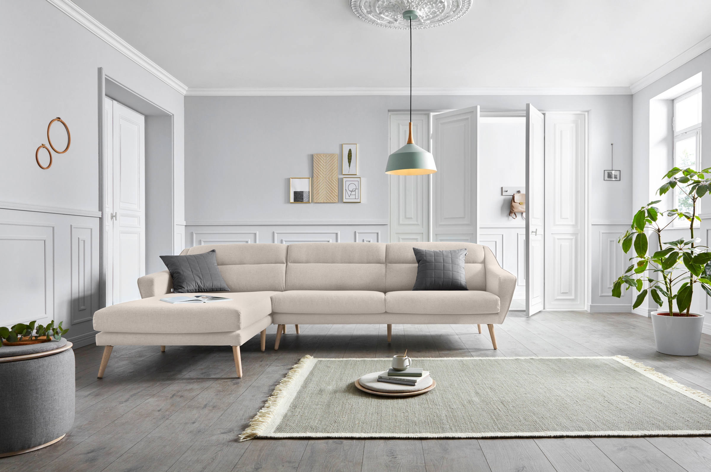 GOODproduct Canapé d'angle »Bille L-Form« mit Naht im Rückenkissen und Beinen aus Eichenholz