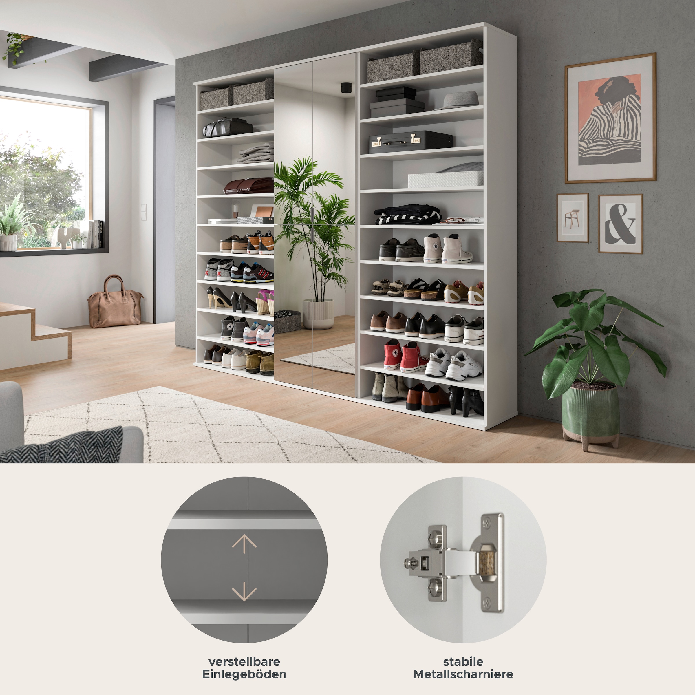 INOSIGN Garderoben-Set »Trondheim, Garderobenset 3-tlg. Breite 222 cm,«, (3 St.), hochglanz, best. aus: Spiegelschrank, 2x Schuhregal, Flur