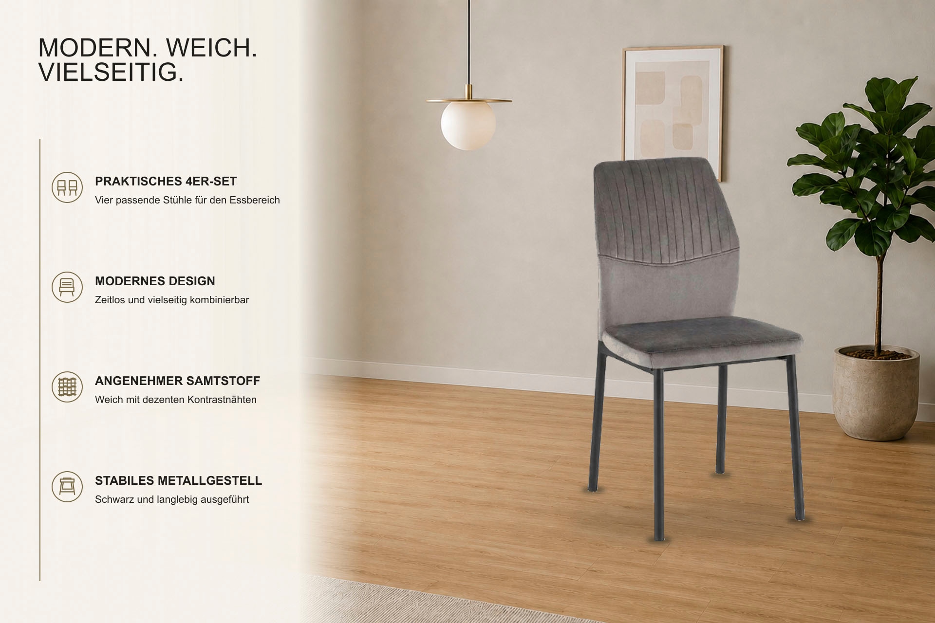 GOODproduct Esszimmerstuhl »Nora, 4er-Set« (Set) 4 Stk.moderne Samtstühle mit Kontrastnähten und schwarzem Metallgestell