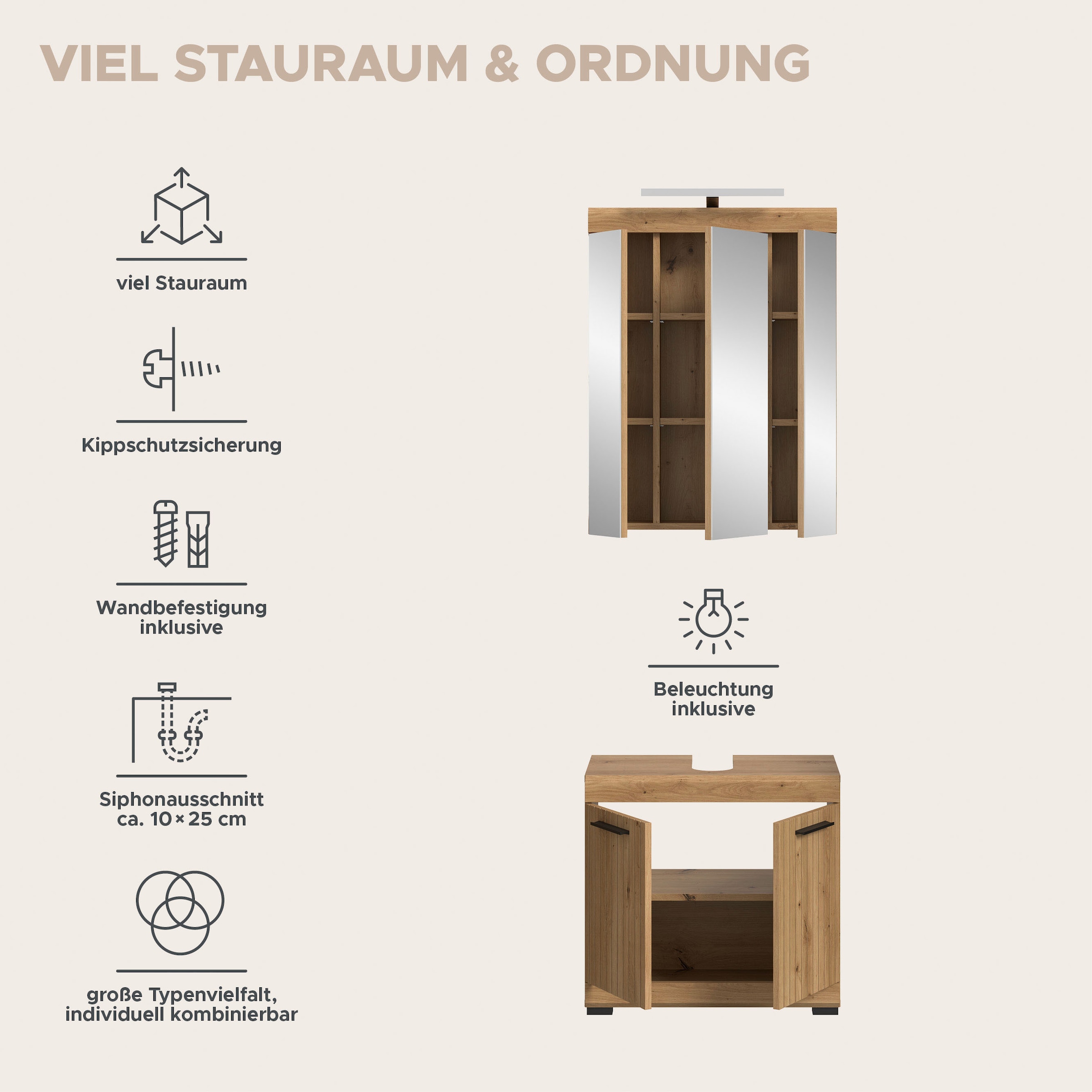 welltime Badmöbel-Set »SIENA, 2 teilig, inklusive LED Beleuchtung, bestehend aus:« Set, TOPSELLER!, 2 Stk. tlg.