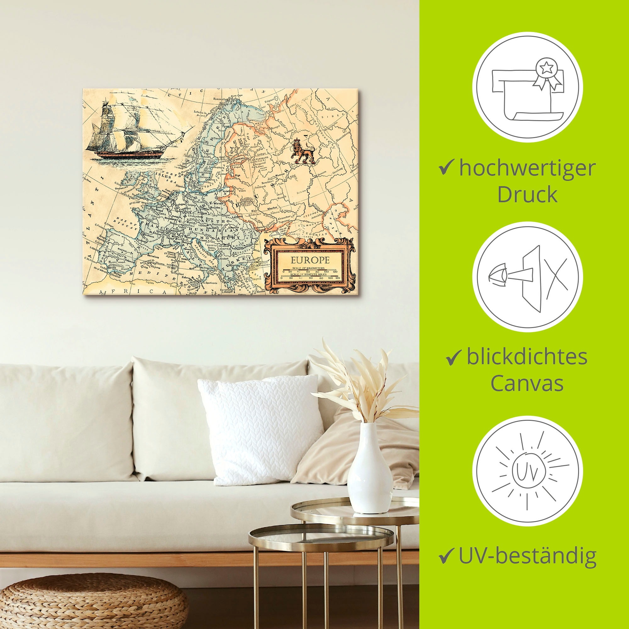 Artland Wandbild »Europakarte«, Landkarten, (1 St.), als Leinwandbild, Poster, Wandaufkleber in verschied. Grössen