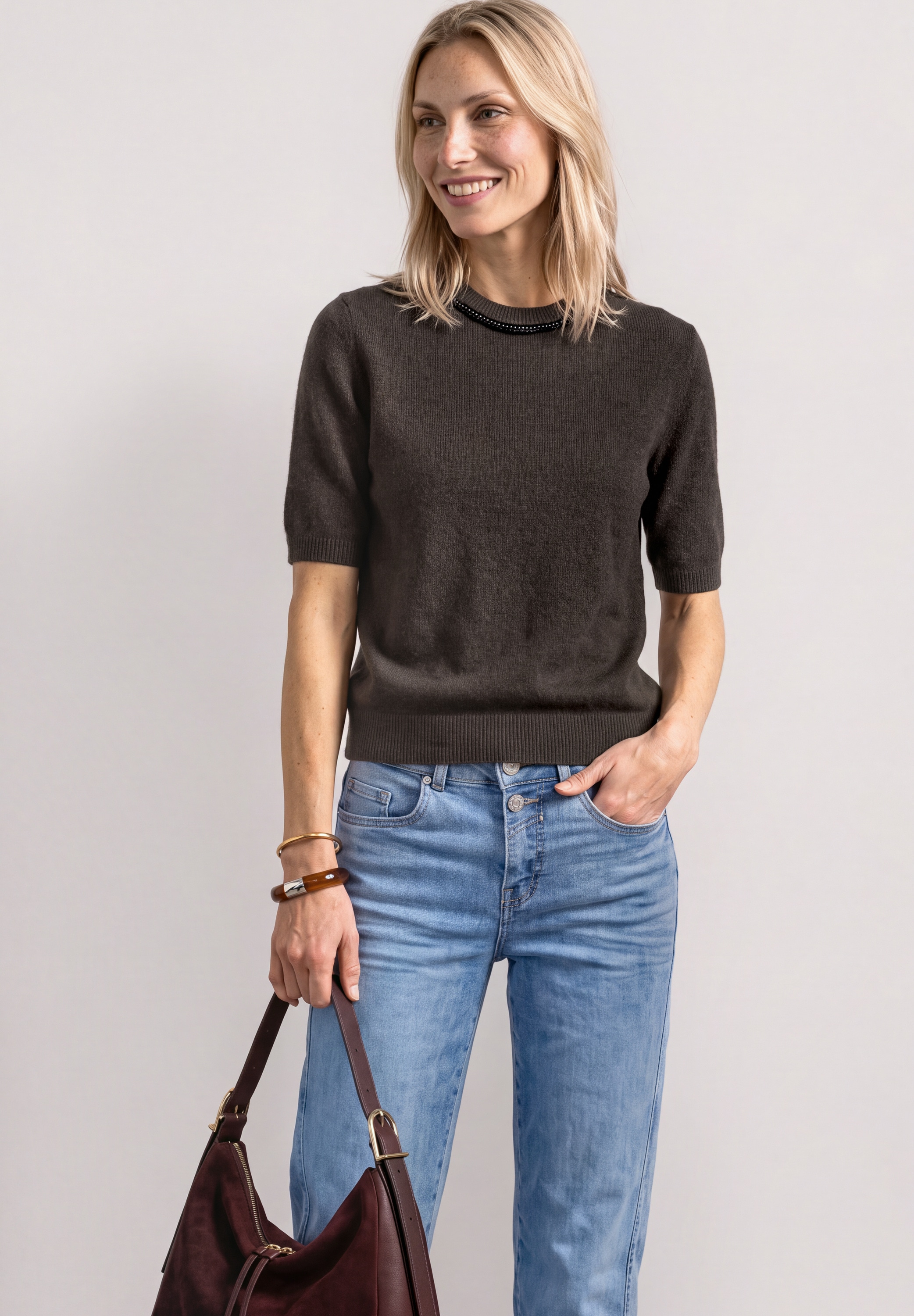 Image of STREET ONE Strickpullover Halbarm Pullover mit Perlen-Detail am Rundhals