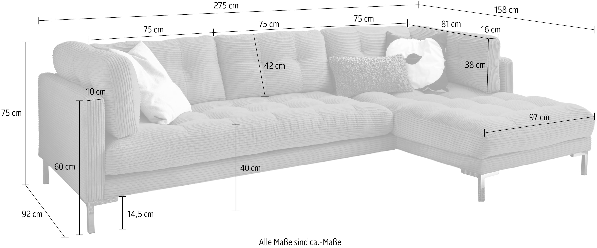 Trends by HG Ecksofa »Landau L-Form«, in Cord-Stoff mit Metallfuss