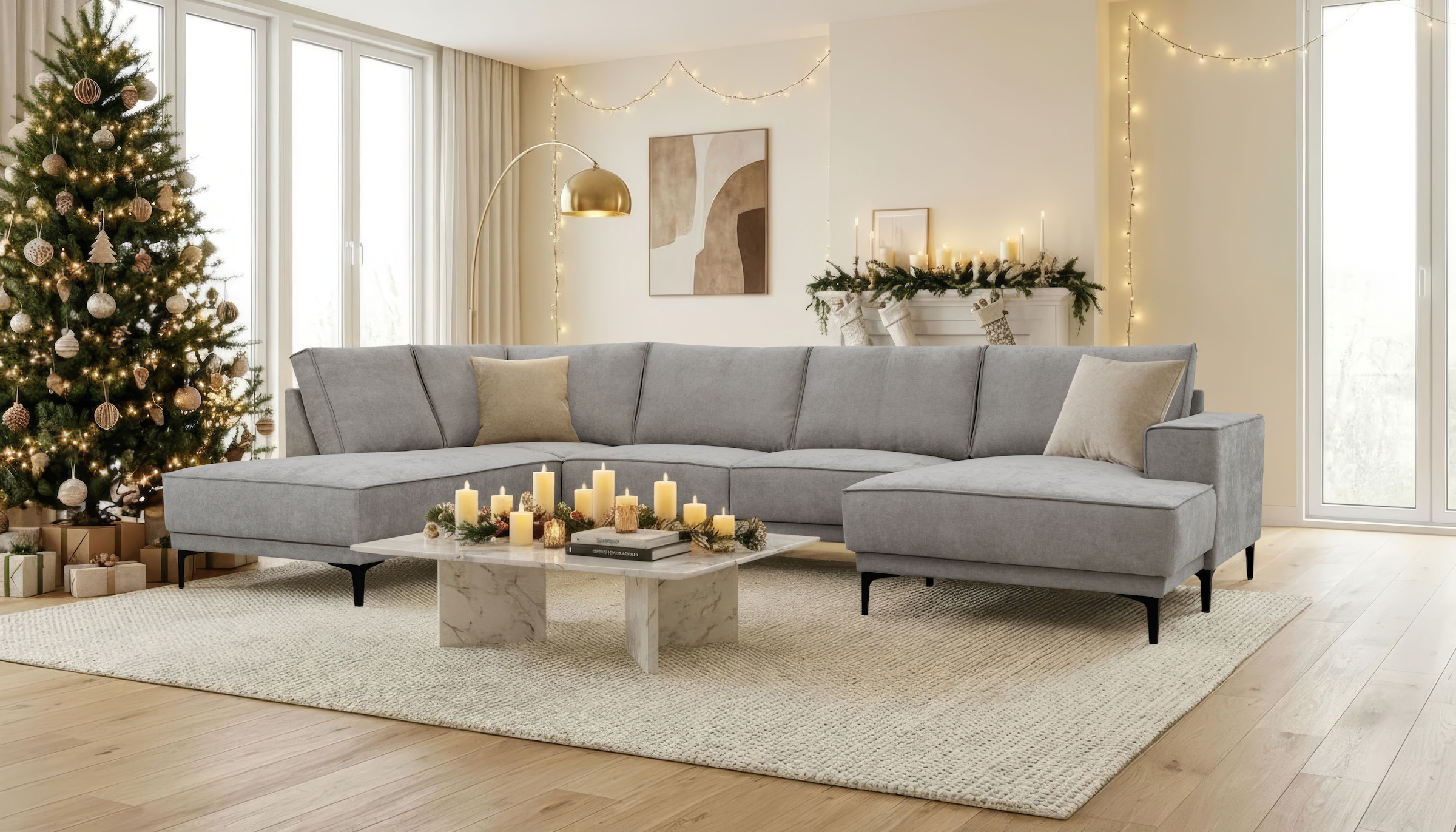 GOODproduct Wohnlandschaft »XXL Sofa Oland, Struktur, Flachgewebe, Luxus-Microfaser, Boucle« U-Form, 345 cm, Wellenunterfederung, Skandi-Design, Metallfüsse