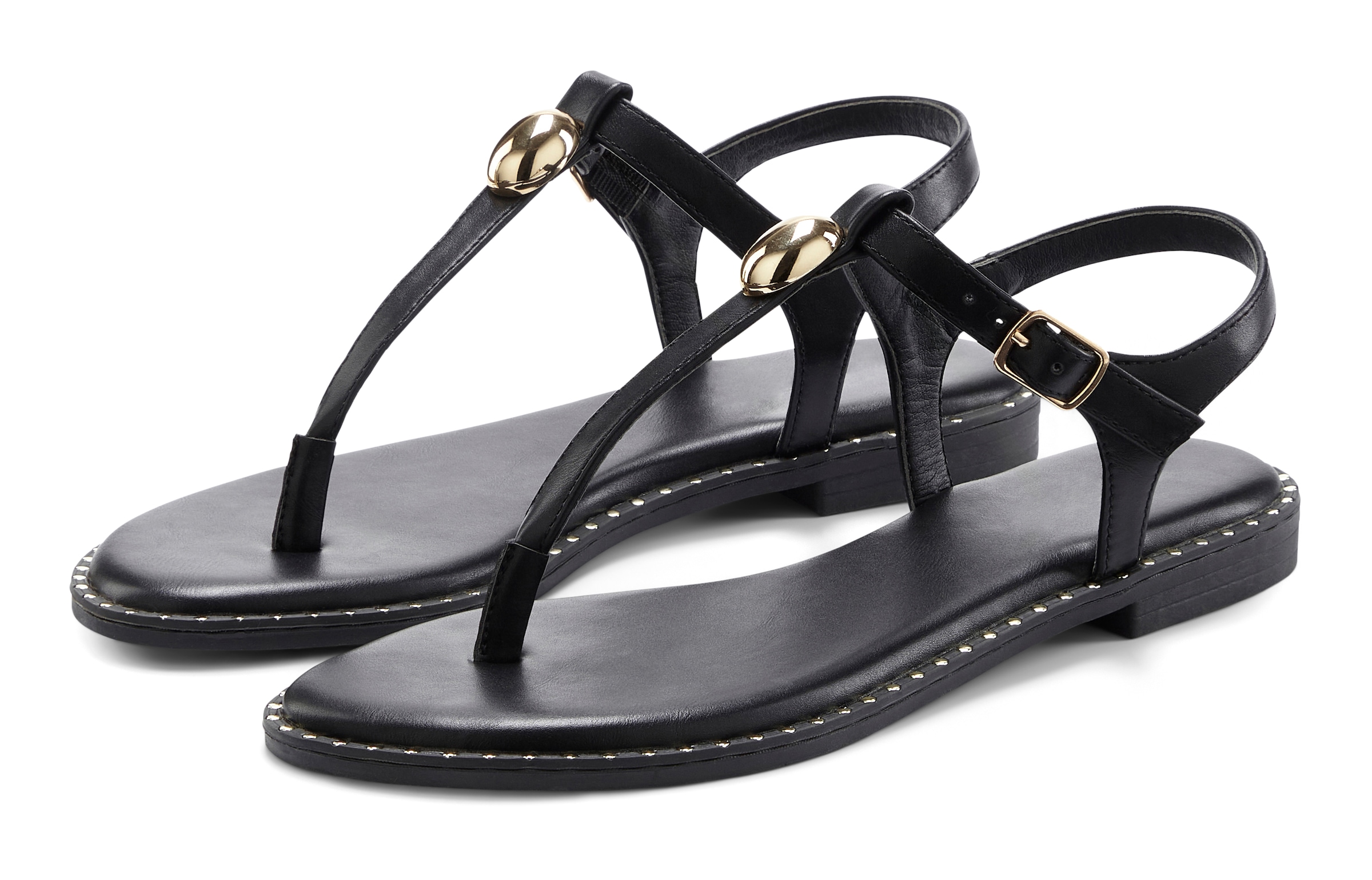 Image of French Connection Sandale "Zehentrenner, offener Schuh, Sommerschuhe" mit goldfarbenen Verzierungen VEGAN