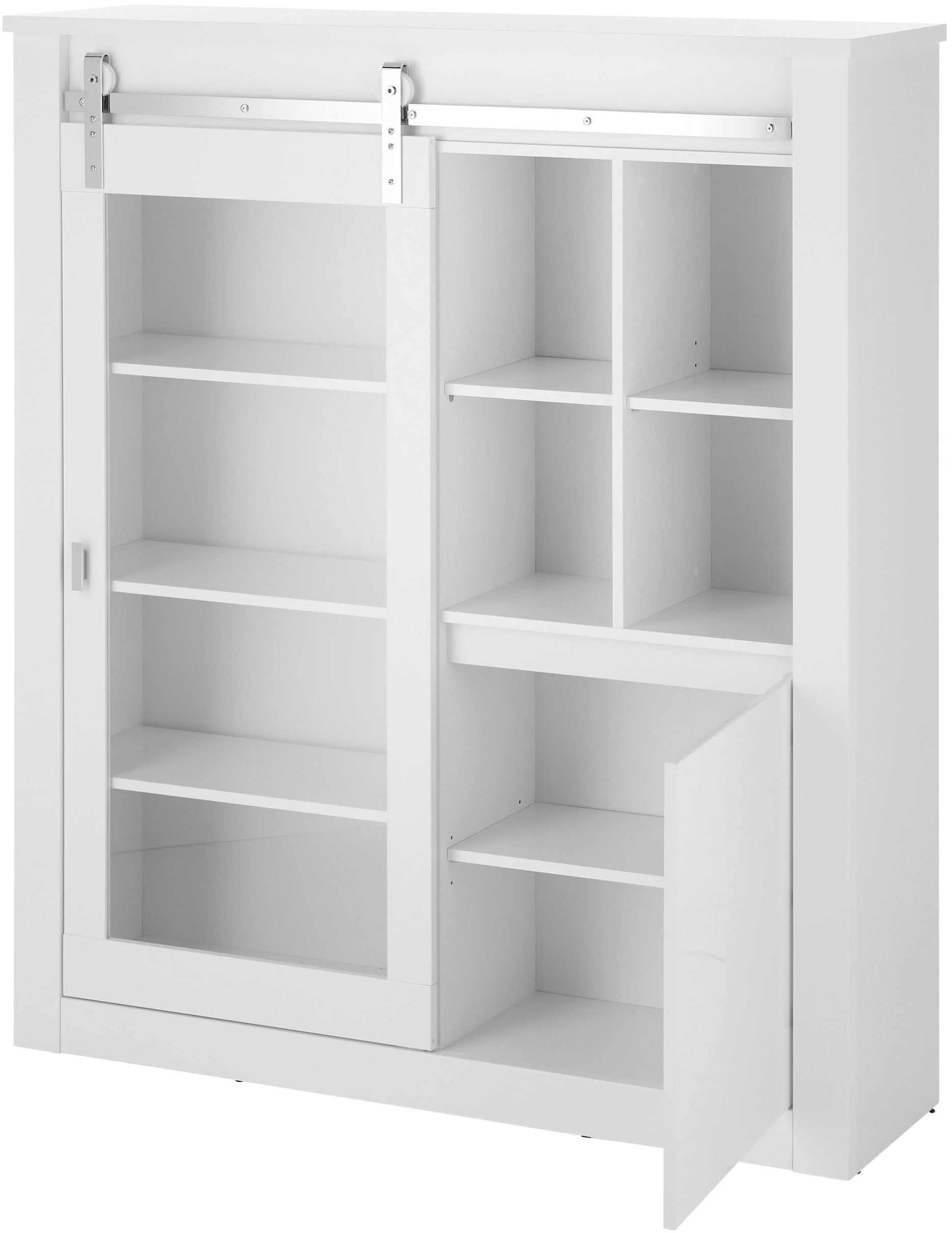 Home affaire Vitrine »Daytona, moderner Hochschrank, Glasvitrine in Weiss Hochglanz« mit Schiebetürenbeschlag in Chrom-Optik, ausreichend Stauraum