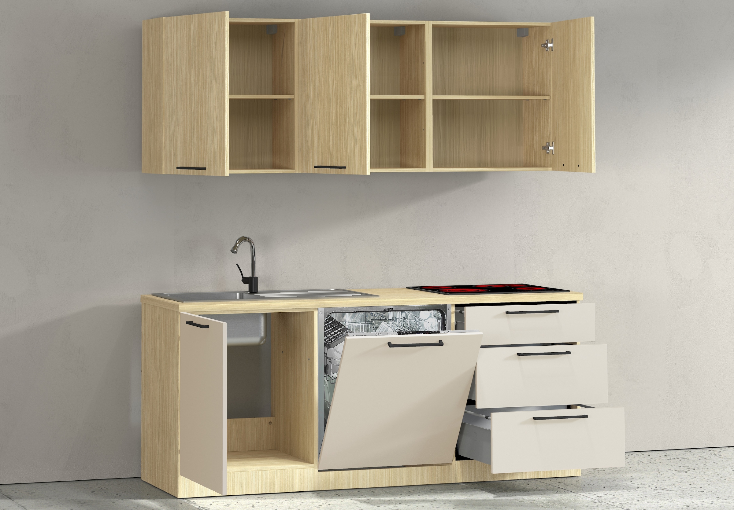 KOCHSTATION Kitchenette »Luna, Küchenzeile mit Spüle + Siphon, ohne E-Geräte« Breite 182 cm,Türen mit Soft-Close Funktion, Metalgriffe,Made in Italy