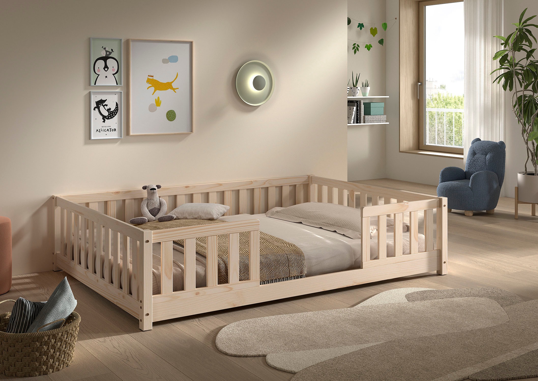 Vipack Kinderbett »Dallas, massiv Bett, Rausfallschutz, umbaubar vom Boden- zum Daybett« inkl. Rolllattenrost und Sprossenumrandung, 90 oder 140x200 cm breit,  stabil und standfest gebaut, wahlweise Kiefer massiv natur oder weiss