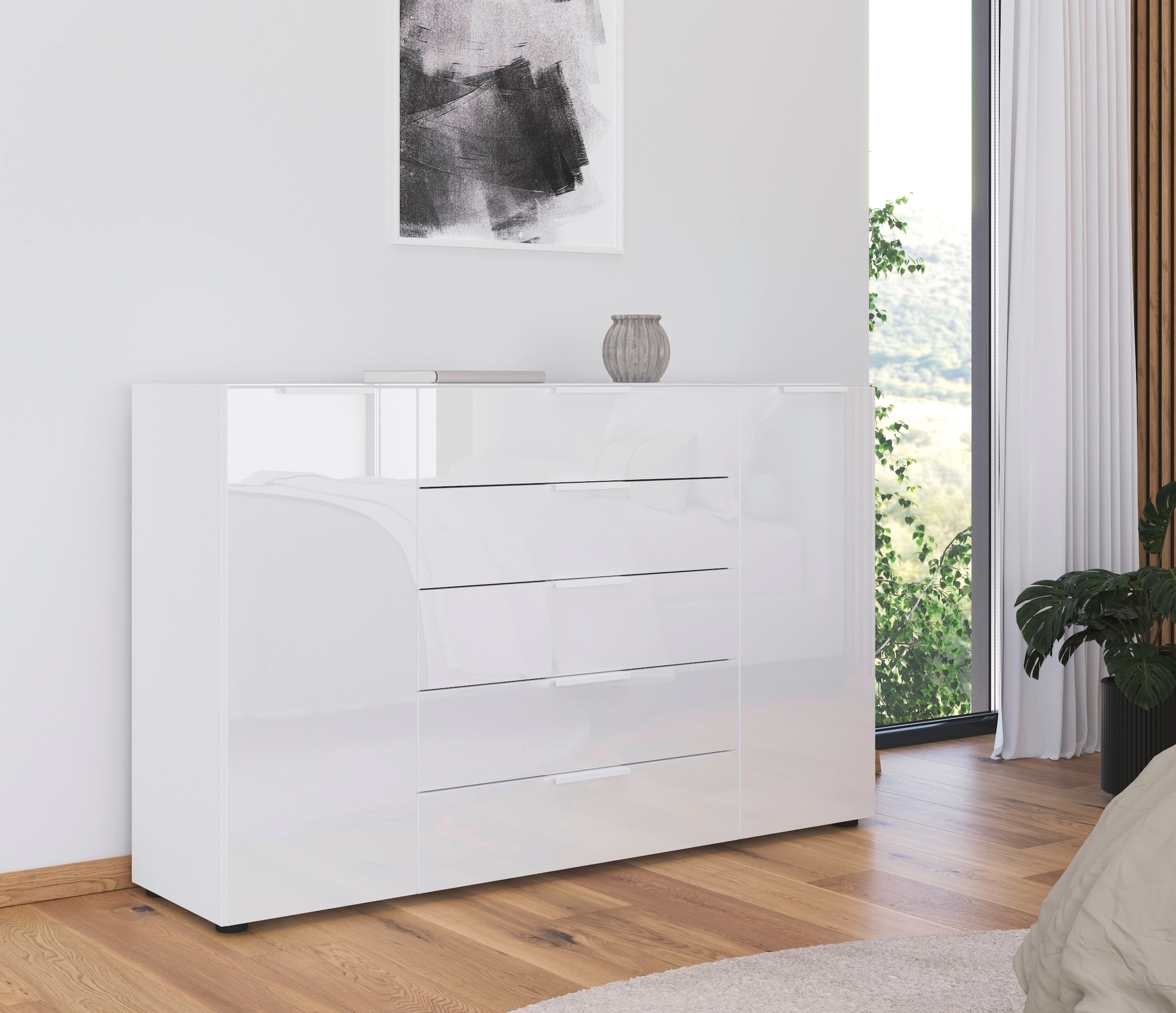 rauch Schubkastenkommode »Kommode Türkommode Sideboard Kombikommode FLIPP mit Glasfront« Breite 160/180 cm mit 4 Einlegeböden,  2-türig, 5 Schubladen, Soft-Close, Oberboden und Front Glas, 2 Breiten