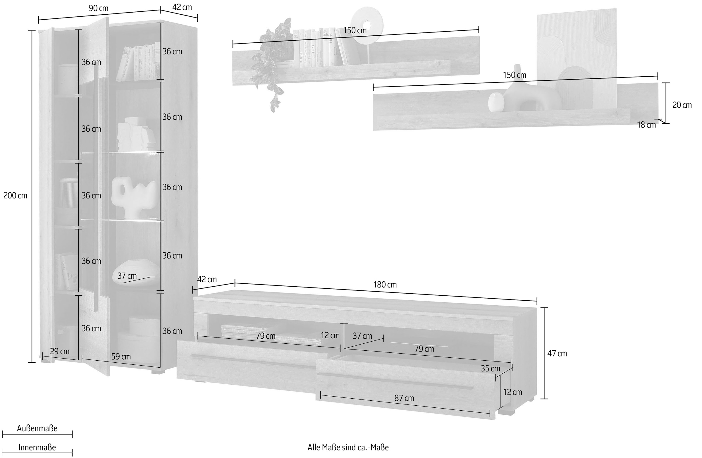 INOSIGN Wohnwand »Cantara, moderne Anbauwand, Wohnzimmer-Set, in Eiche Evoke oder Weiss«, (Set), enthält eine Vitrine, ein Lowboard und zwei Wandboards