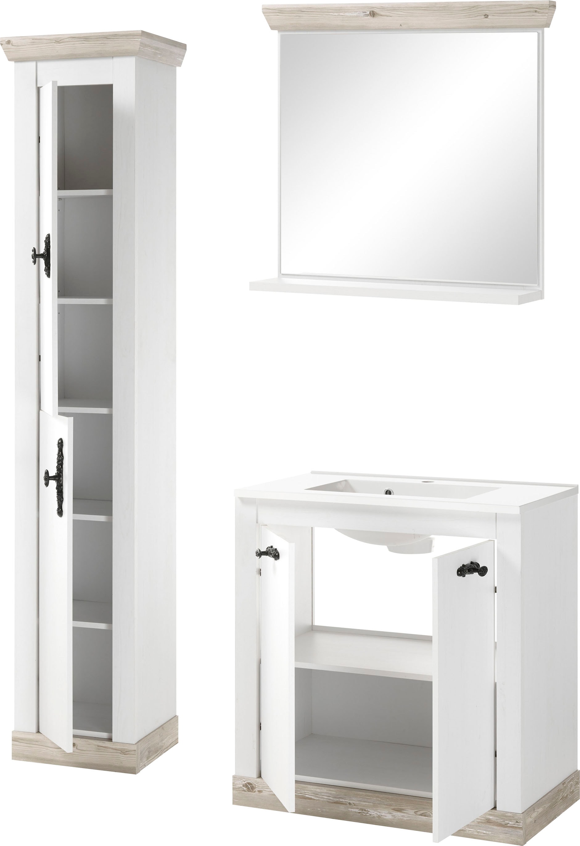 Home affaire Badmöbel-Set »Florenz, Bad im Landhausstil, 3-teiliges Badezimmer«, (3 St.), Waschtisch, Schrank und Spiegel mit Ablage, in Pinie Weiss, Stauraum