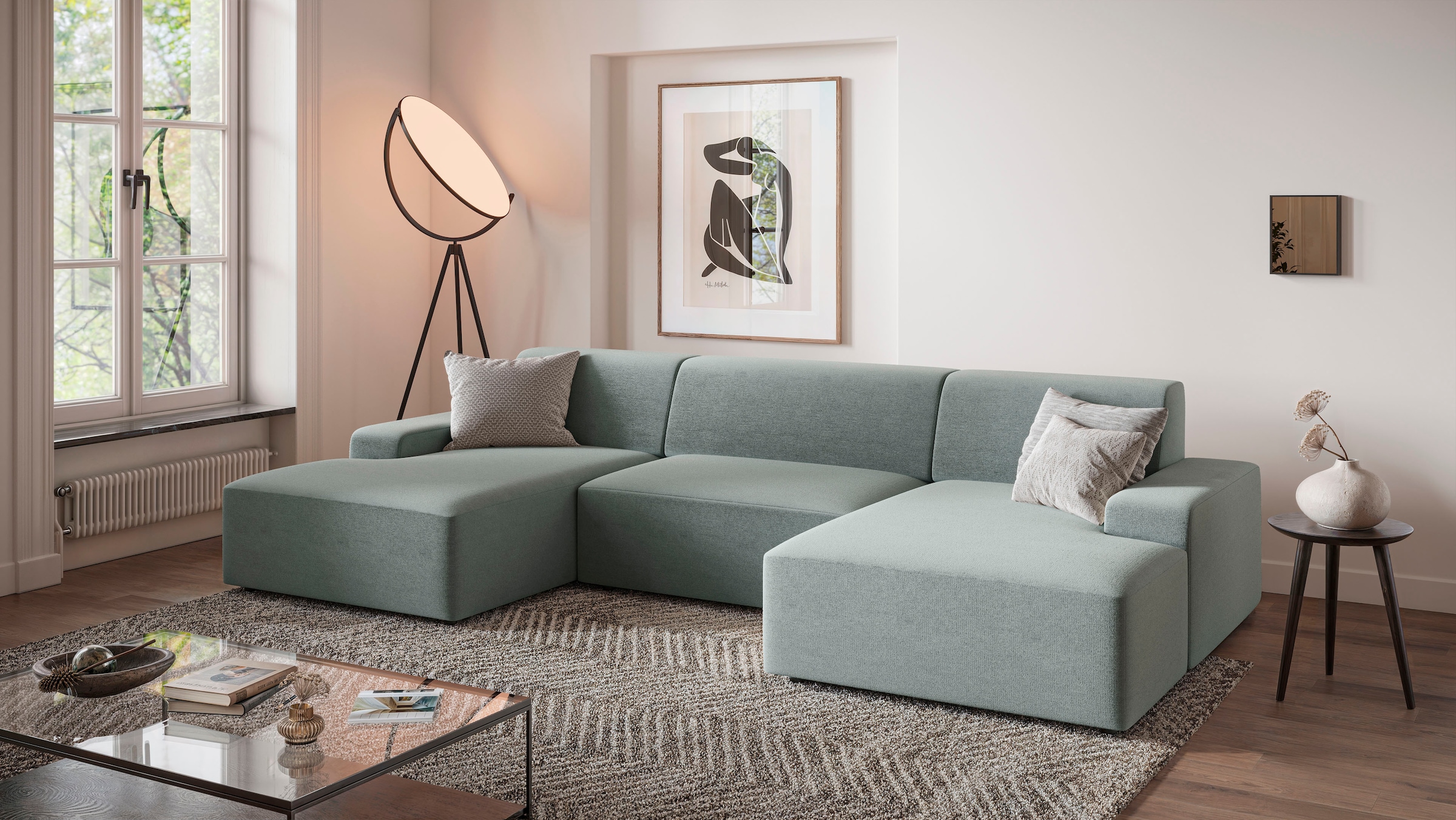 TRENDMANUFAKTUR Wohnlandschaft »Wien, wahlweise mit Sitzvorschub und Bettkasten, Breite 329 cm« U-Form, in trendigem Cordstoff