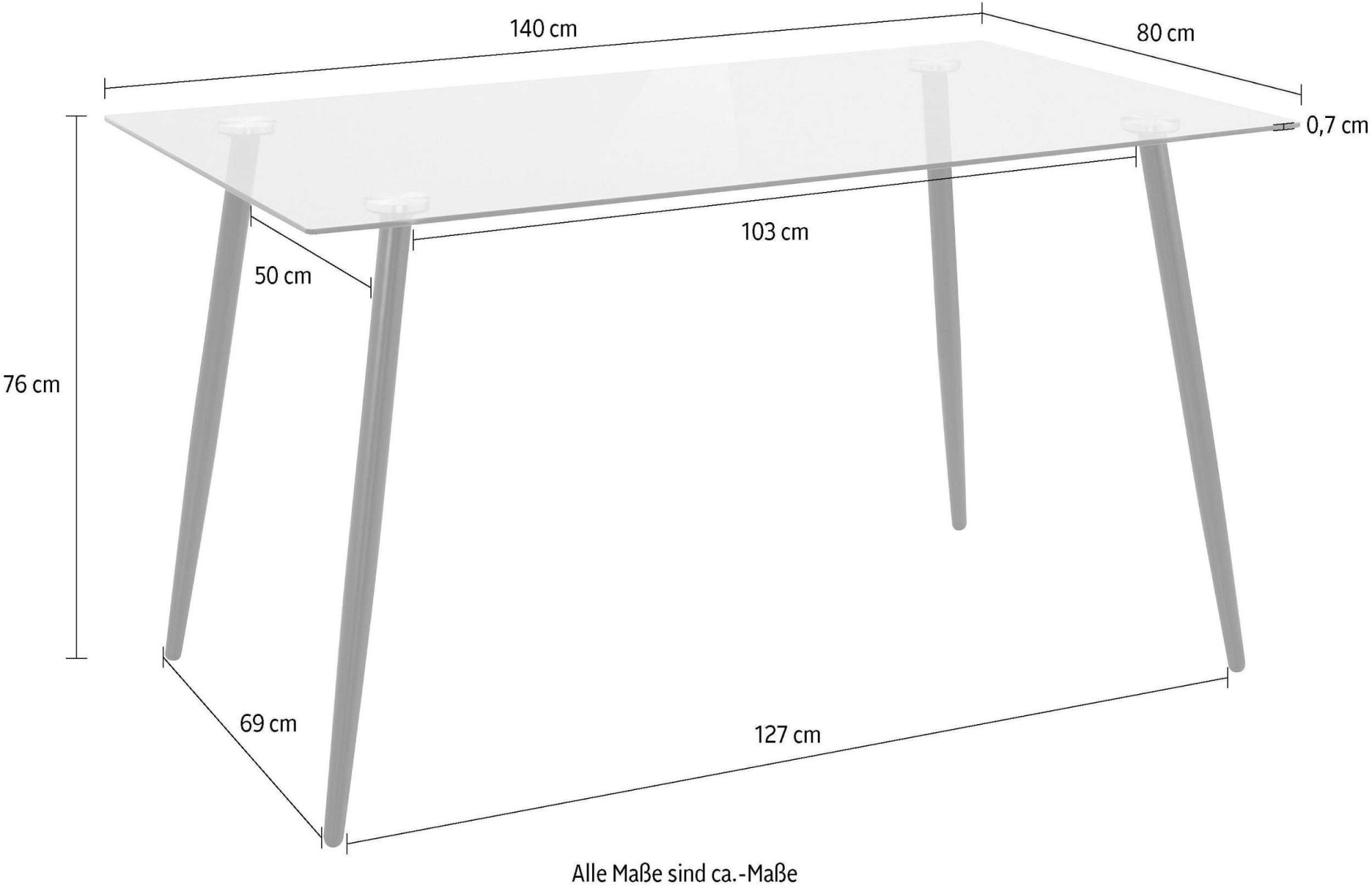 INOSIGN Essgruppe »Danny-Miller«, (Set, 5 tlg., Set 140 cm), Glastisch 140x80 cm mit 4 Stühlen (Cord), Gestell aus Metall