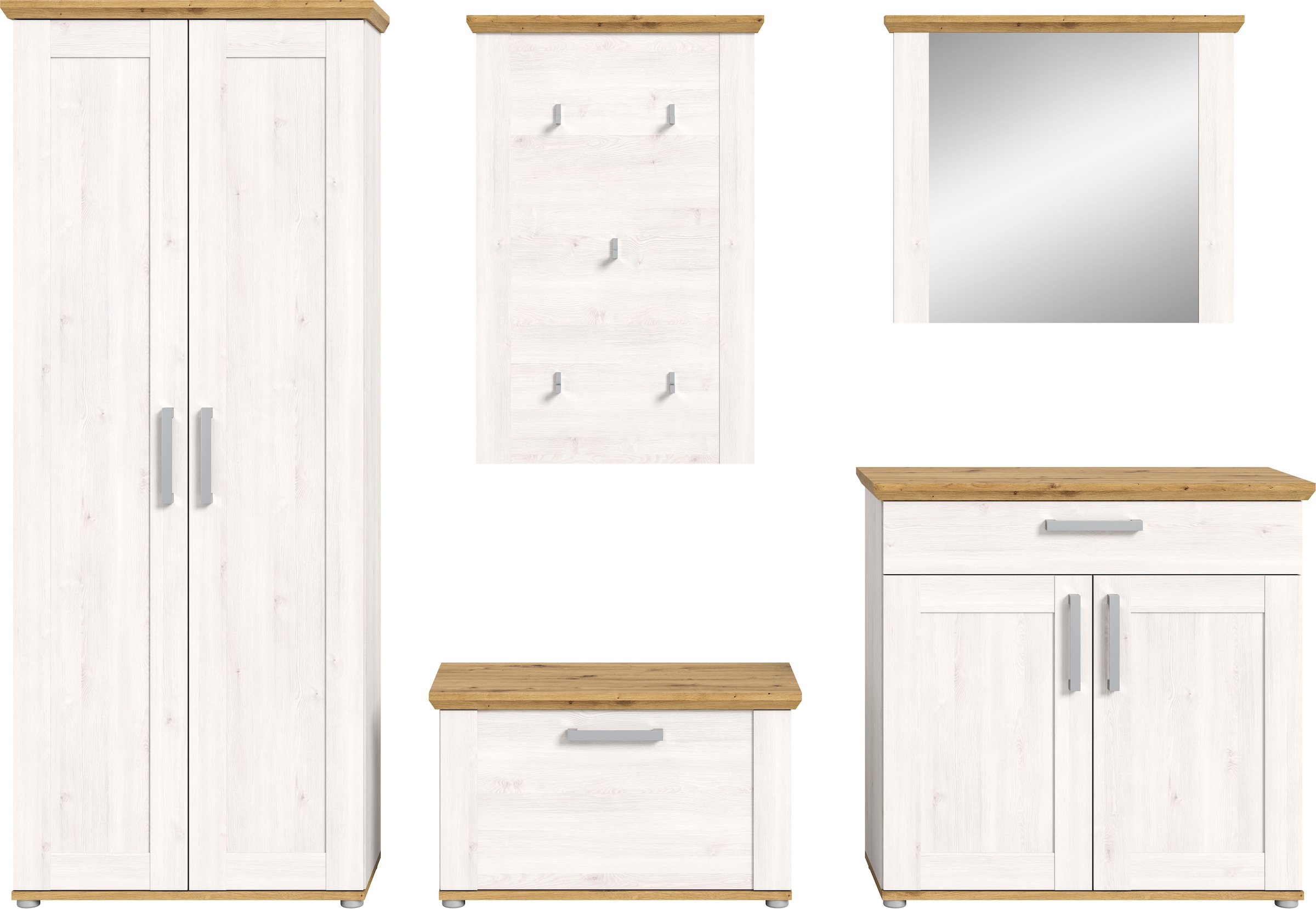 Home affaire Garderoben-Set »COSENZA, TOPSELLER!, Breite ca. 285 cm, 5-teilig, in Landhausoptik«, (5 St., Garderobenschrank, Sitzbank, Garderobenpaneel, Schuhschrank, Spiegel), Garderobenkombination, Kombination, Diele, Garderobe, Garderobenmöbel