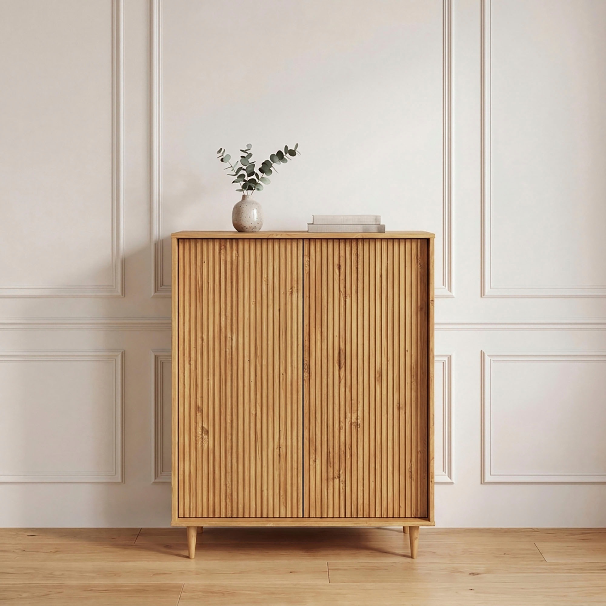 Image of GOODproduct Highboard "Malmedy Midischrank mit einer Lamellenoptik und Push to Open Funktion" massives Kiefernholz, Push-to-open Funktion, verstellbare Einlegeböden