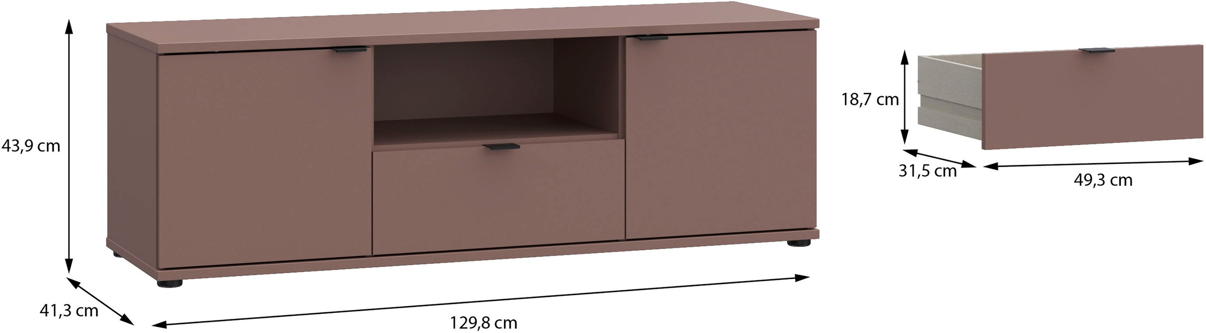 FORTE Lowboard »Ganymede« Breite 129,8cm,  TV Board, Stauraum, Schublade; Metallgriffe, Kabelführung