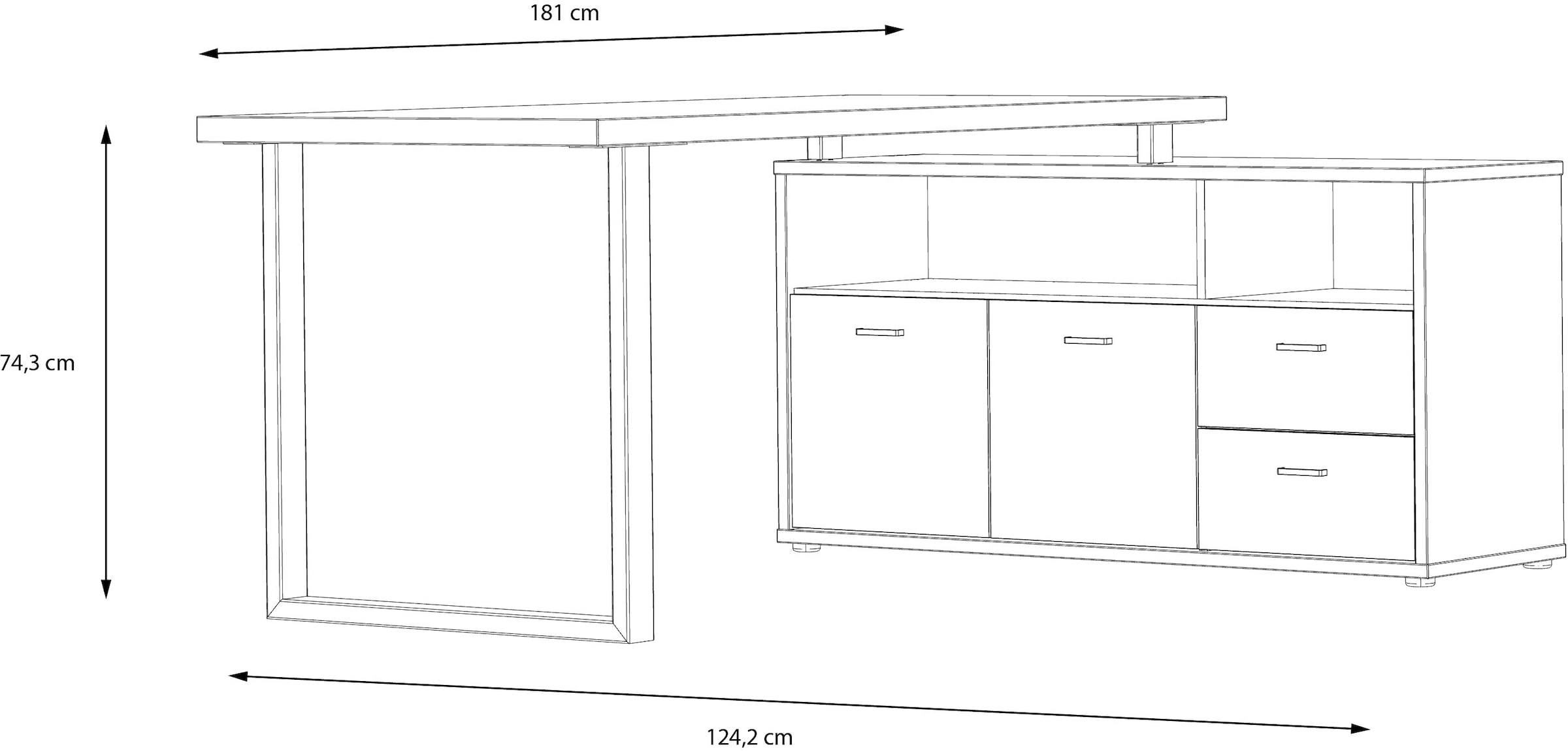 FORTE Bureau d'angle »Goldsboro« avec 2 tiroirs & portes, patins et poignées en métal noir, 124x181 cm