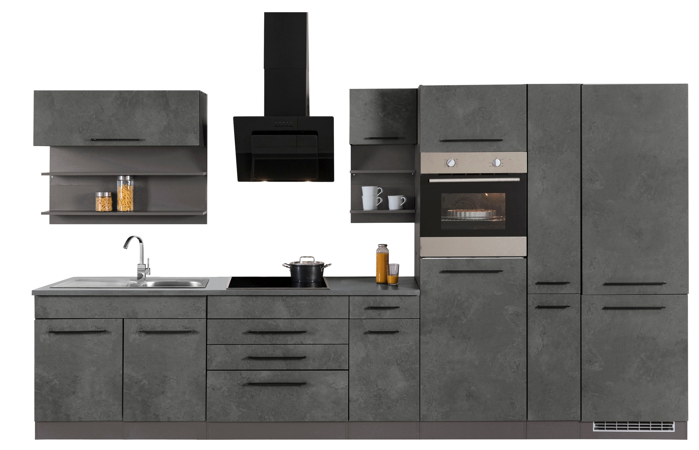 KOCHSTATION Küchenzeile "KS-Tulsa" ohne E-Geräte, Breite 380 cm, schwarze Metallgriffe, MDF Fronten