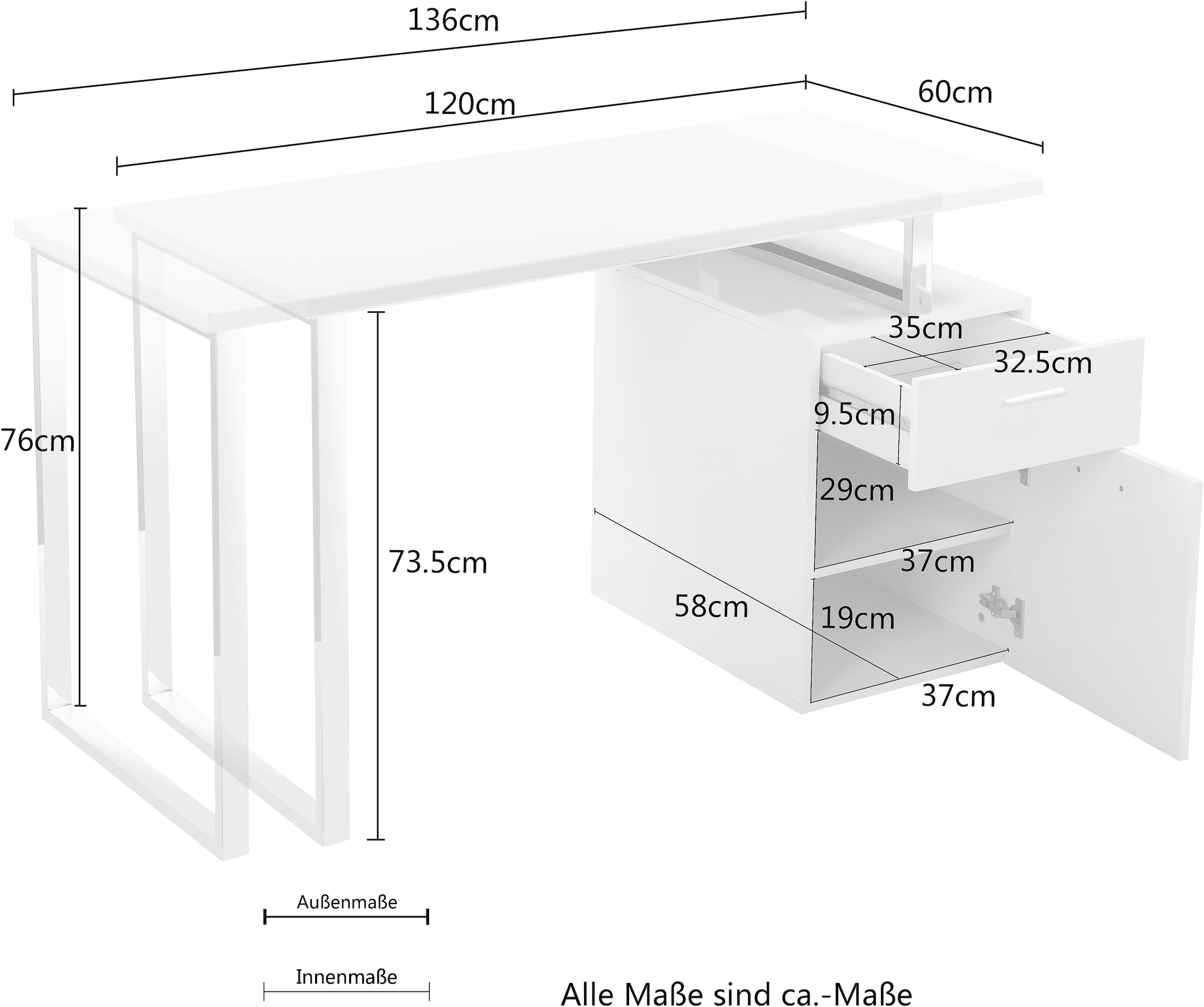 Places of Style Schreibtisch »FJUS, Hochglanz-Optik, mit Metallkufe, 1 Schublade und Tür«, Breite 120 bzw. 136 cm durch variabel montierbare Tischplatte
