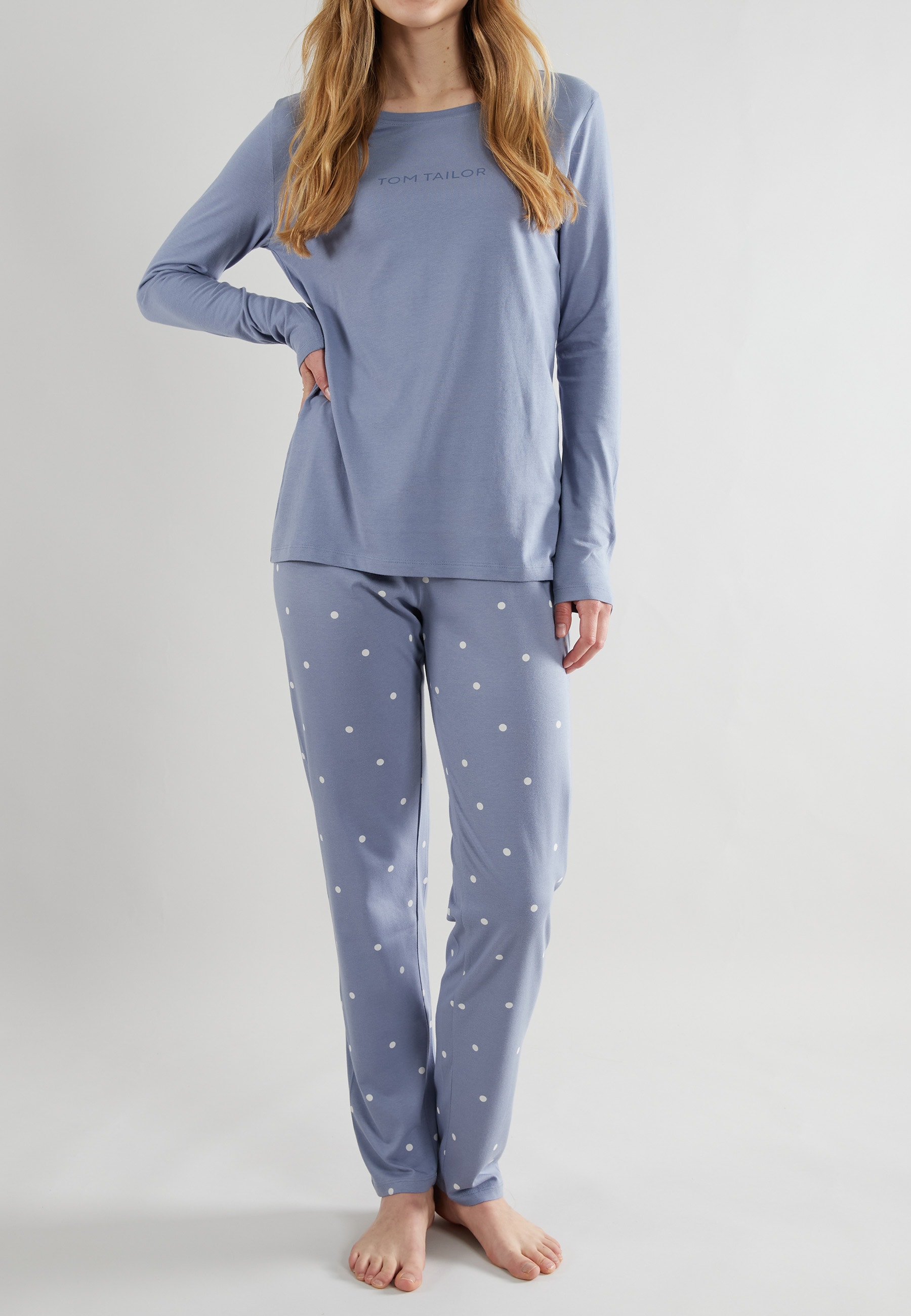 TOM TAILOR Pyjama »Charlotte« 2 pièces Langarm, Rundhalsausschnitt, gepunktet, basic, Baumwolle