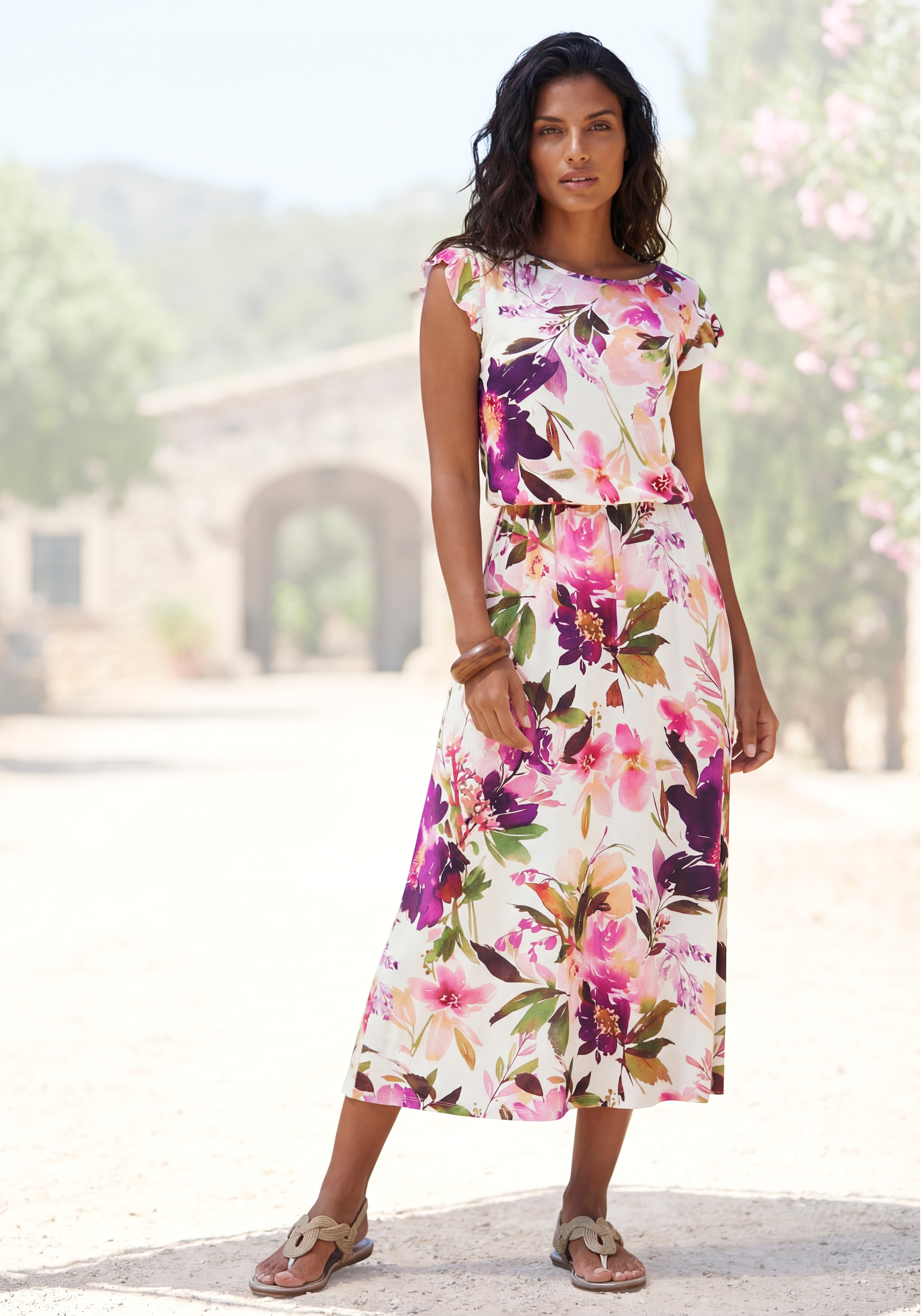 Image of Beachtime by Lascana Jerseykleid "mit Blumendruck und Gummizug aus Viskosejersey, elegantes Midikleid" Ohne Taschen Kurzärmliges Sommerkleid, Strandkleid, Viskosekleid, Basic