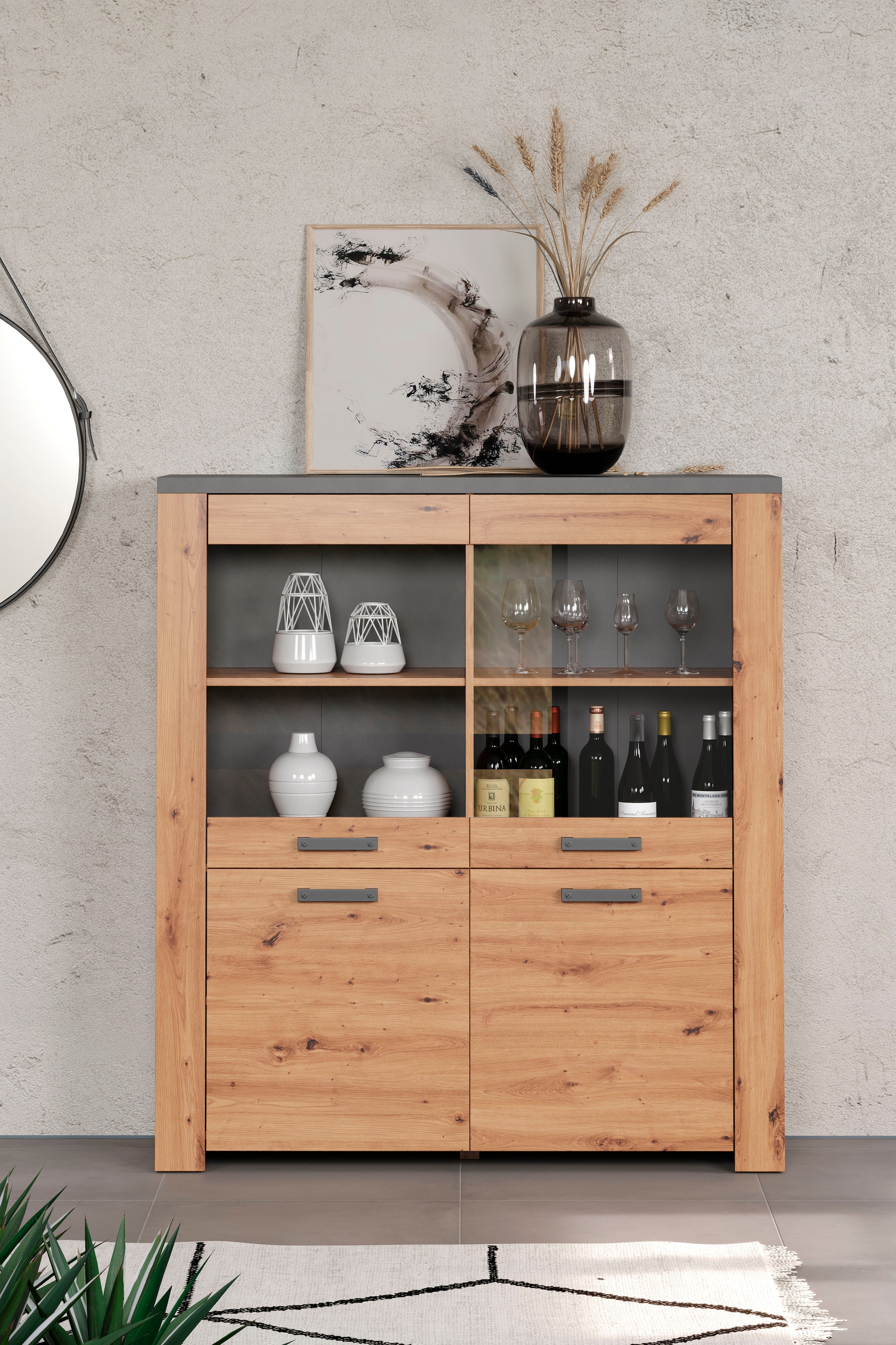 Home affaire Highboard »Ambres«, (1 St.), Vitrine, Echtholzoptik, ca. Masse BxH: 127x139 cm