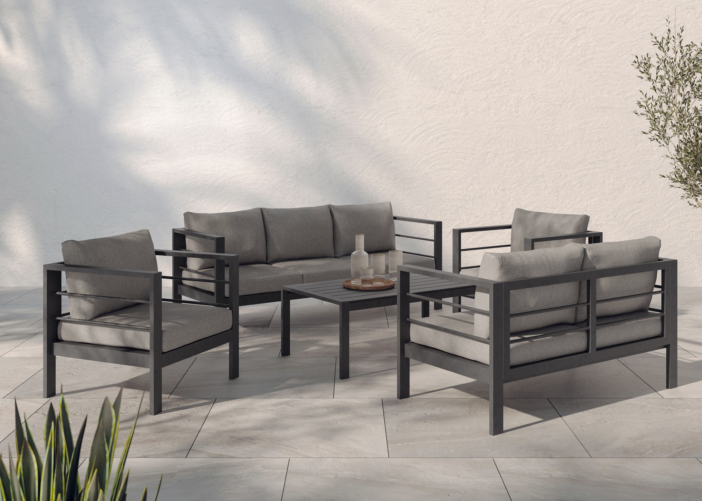 Image of KONIFERA Gartenlounge-Set ""New Jersey"" Set, 1x 3er Sofa, 1x 2er Sofa, 2 Sessel, Tisch 62x110x41 cm, 19 Stk. tlg. inkl. Auflagen, Tischplatte aus Nonwood