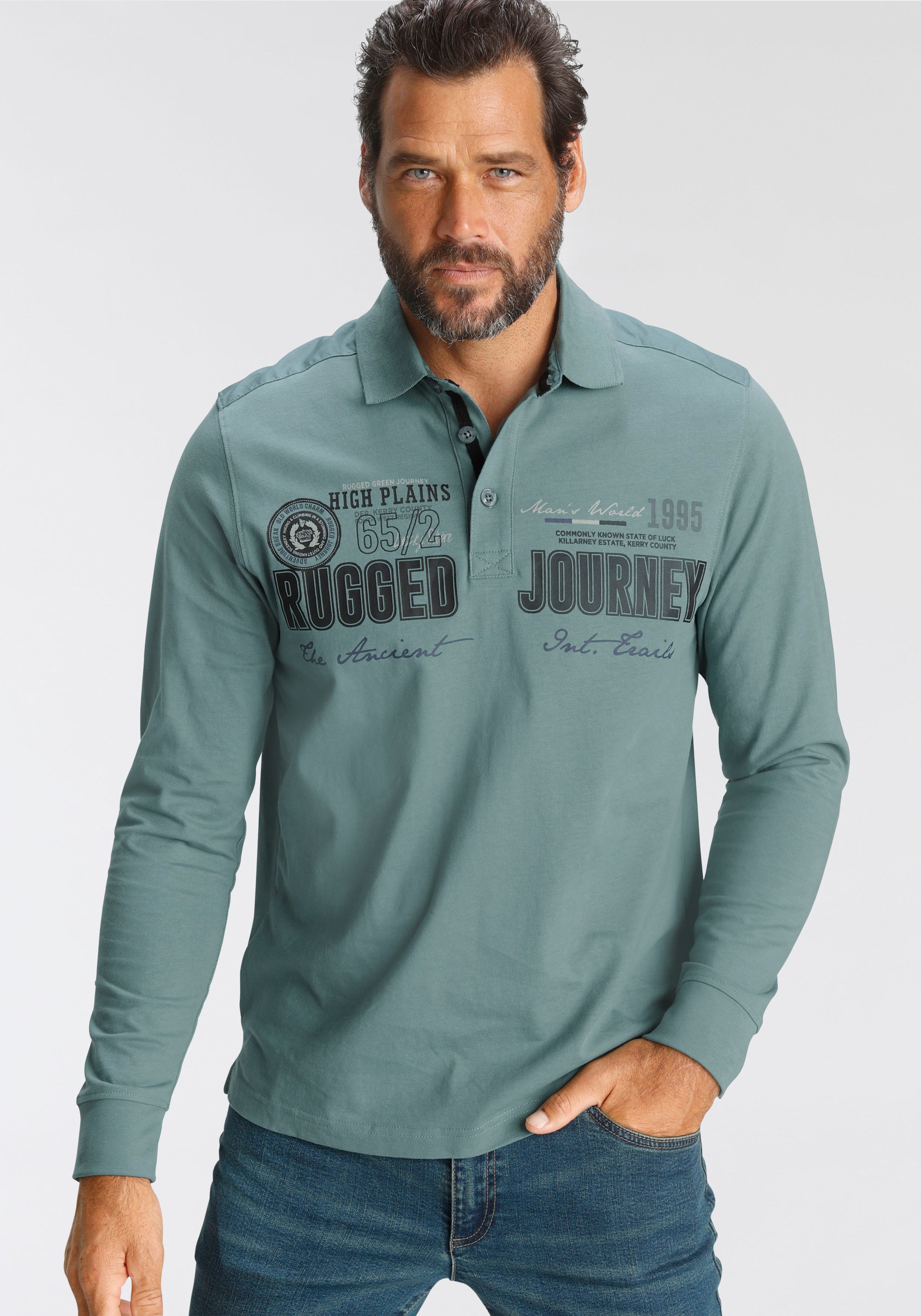 Man's World Langarm-Poloshirt, mit aufwendigem Front- Print kaufen