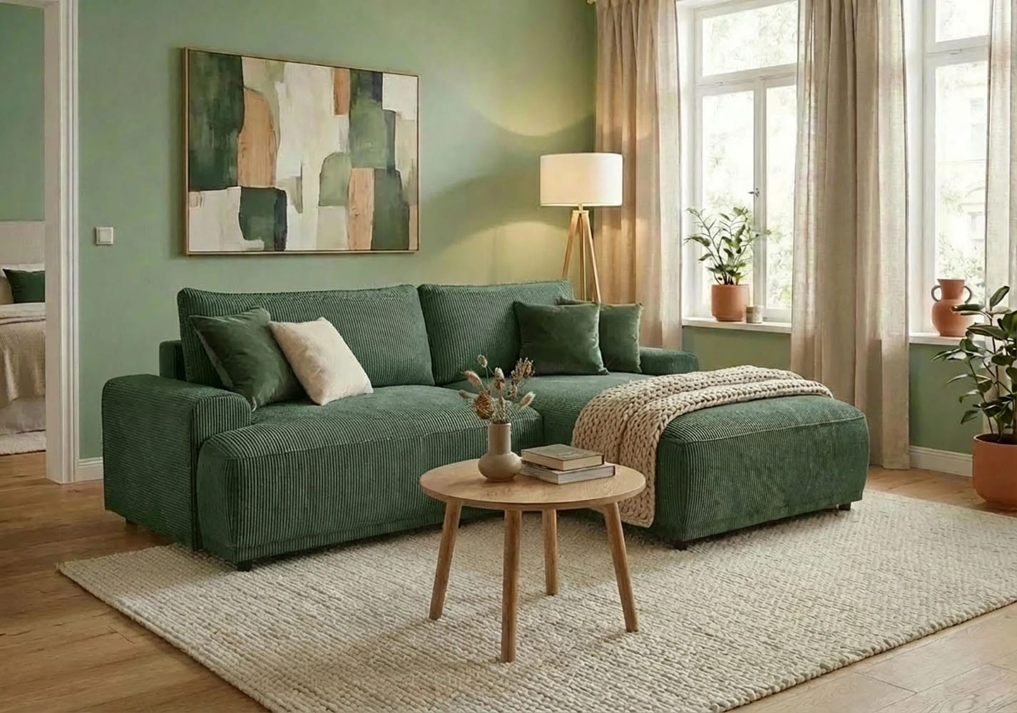 Image of TRENDMANUFAKTUR Ecksofa "Fordon, Schlafsofa mit Bettkasten, Couch in L-Form, Breite 250 cm" in Cordstoff HYPER, dunkelgrün, Recamiere rechts