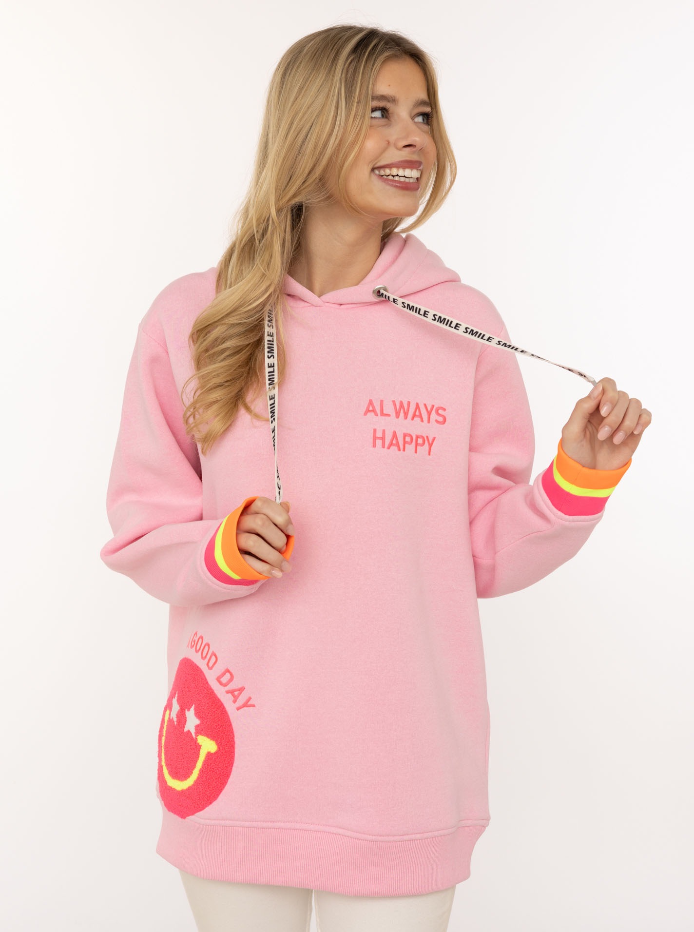 Image of Zwillingsherz Hoodie ""Always Happy"", Smiley aus Frottee, Neon-Details, Kapuze, Langarm