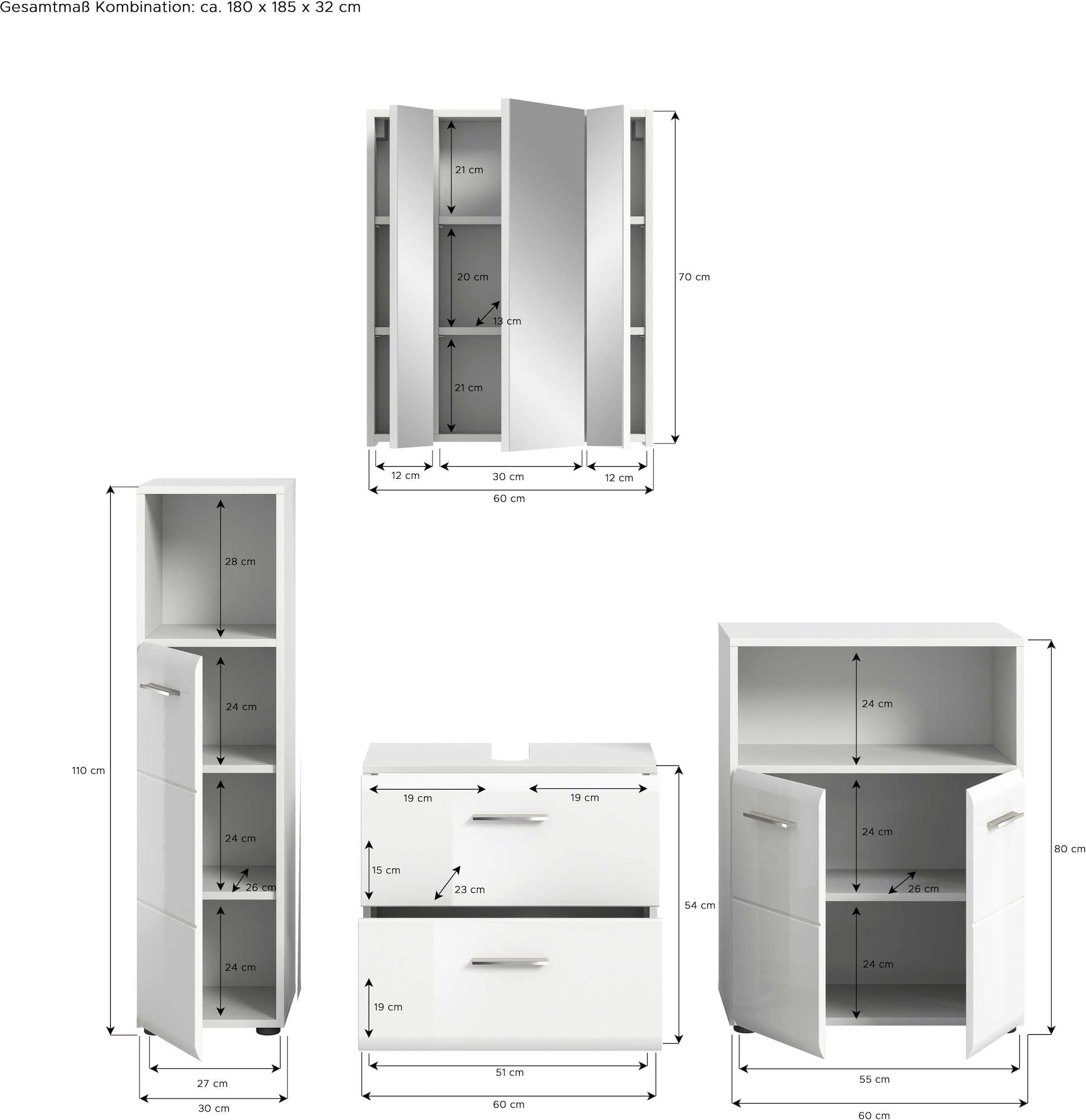 INOSIGN Badmöbel-Set »FLORENZ, TOPSELLER!, 4-teilige Badkombination, hochwertige MDF-Front« Set, Midischrank hoch, WBU, Spiegelschrank, Midischrank breit, 