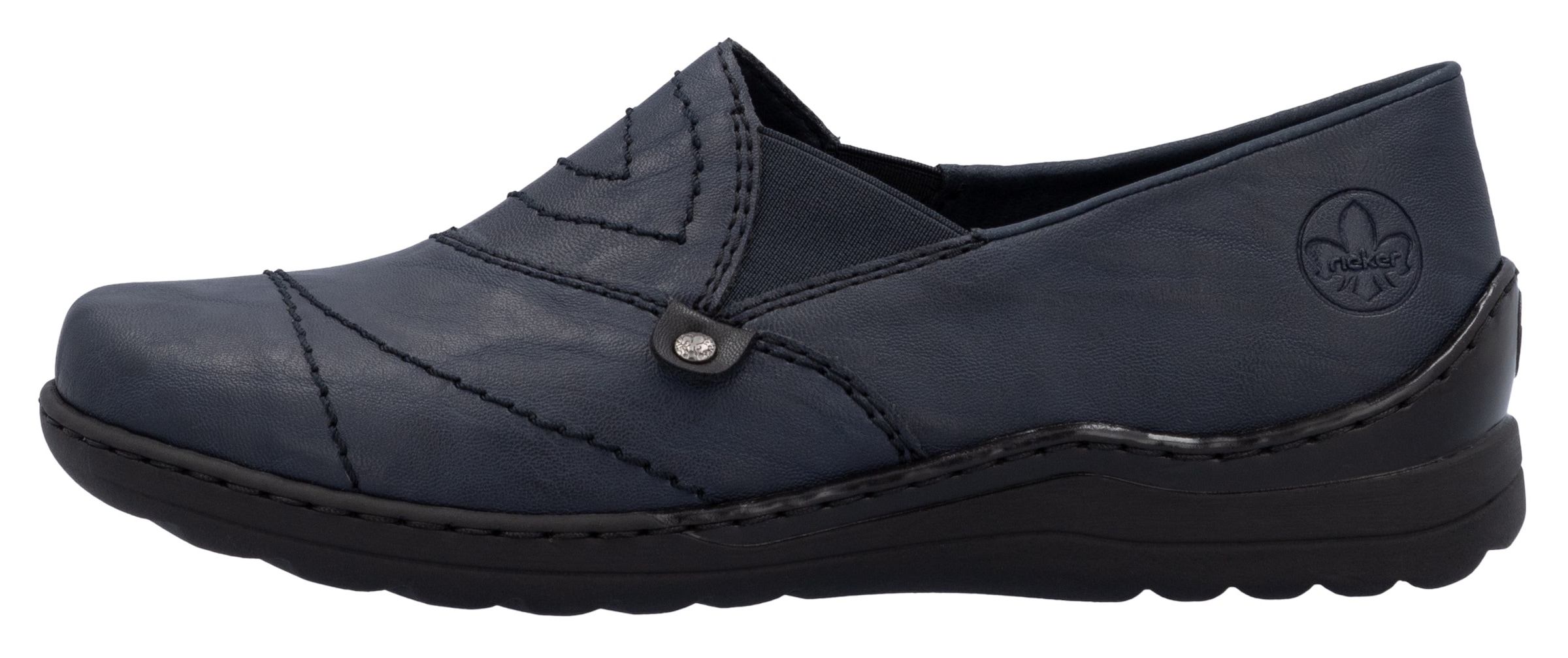 Rieker Slipper  , Schlupfschuh, Halbschuh, Slip on mit Stretcheinsatz und Ziersteppung