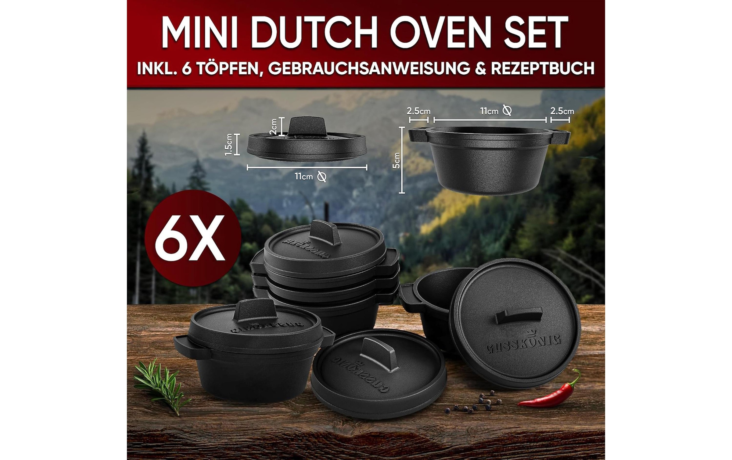   Marmite à barbecue »Gusskoenig Mini Dutch Set 6 Töpfe, Rezeptbuch«