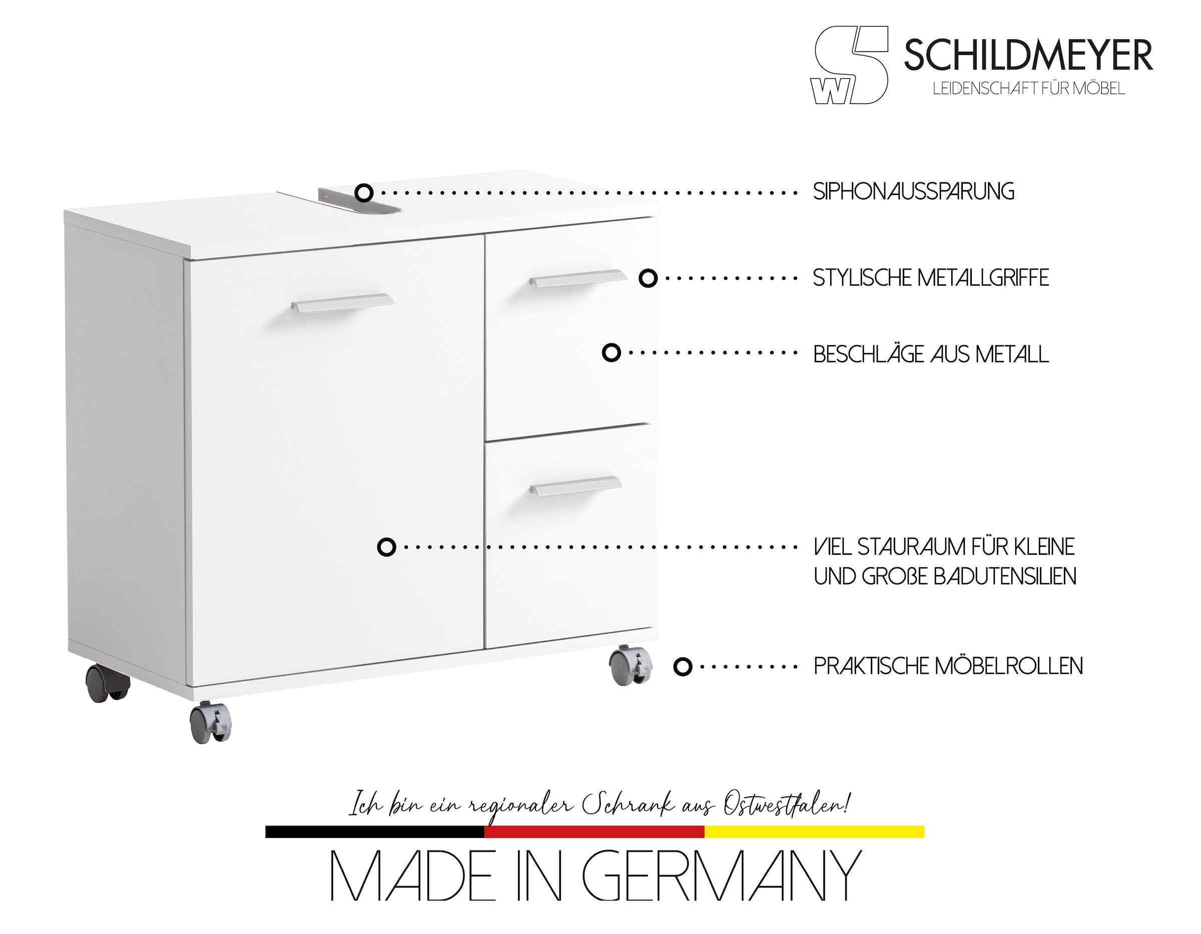 welltime Waschbeckenunterschrank »Emmi, Breite 65 cm made in Germany«, Siphonausschnitt, Metallbeschläge