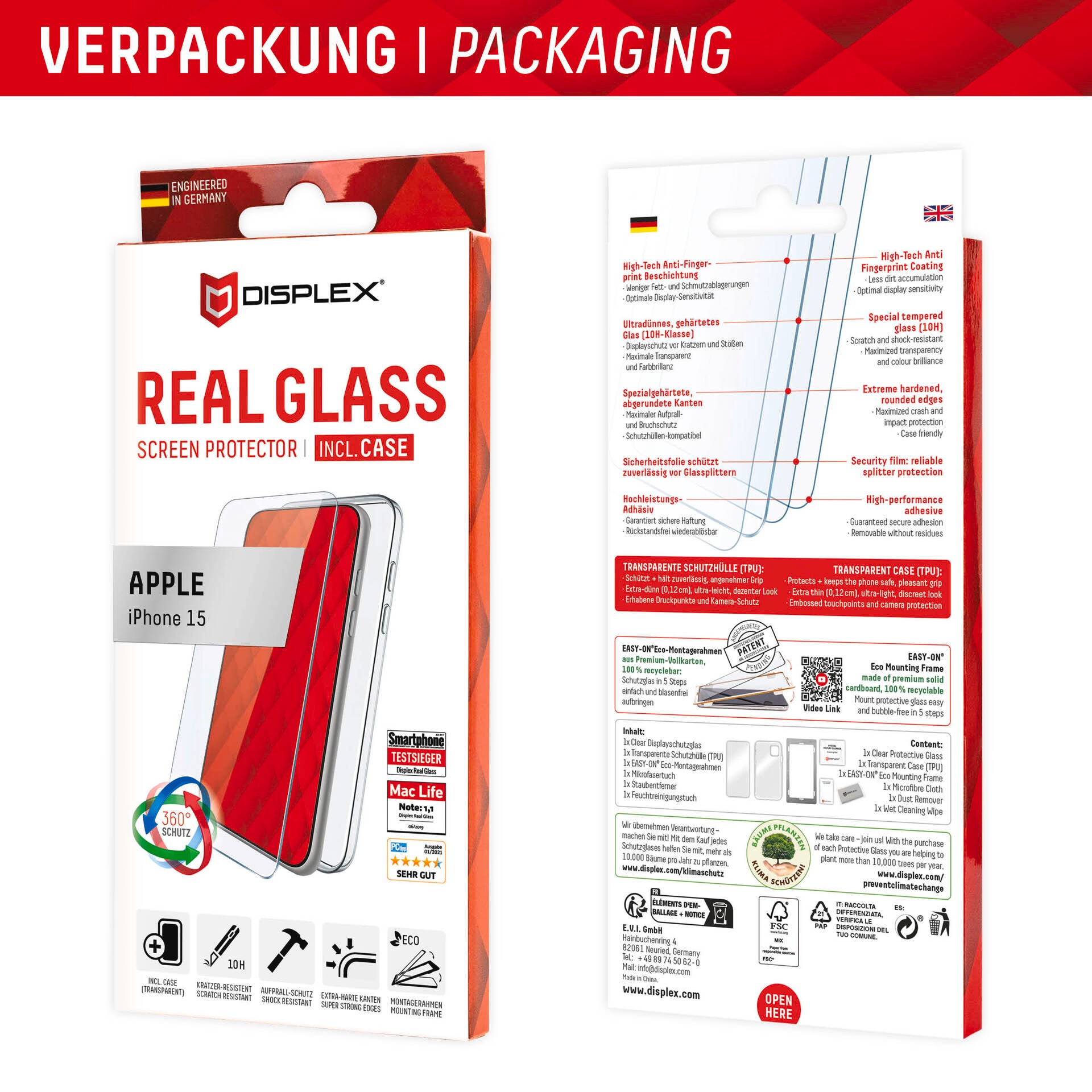 Displex Displayschutzglas »Real Glass + Case« für Apple iPhone 15 Displayschutzfolie Displayschutz Rundumschutz 360 Grad splitterfest