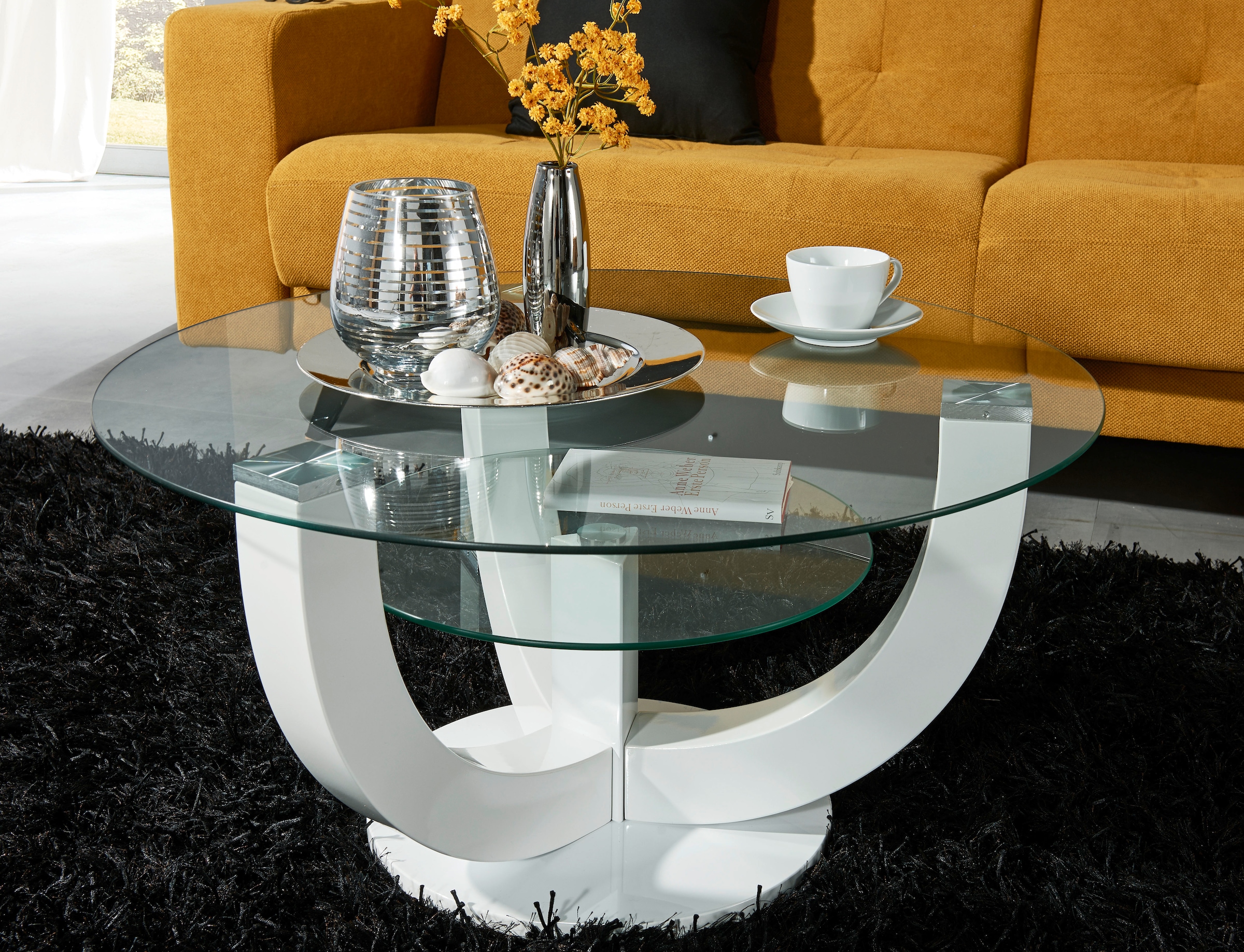 HBZ Couchtisch »Denver, TOPSELLER!«, (Couchtisch), rund mit Glas, Tisch -Gestell weiss hochglanz